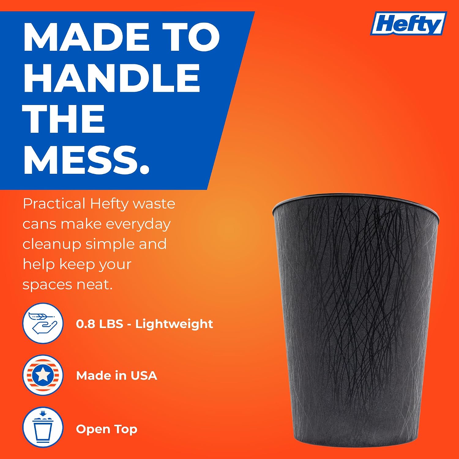 Hefty 2.25 Gallon Small Waste Basket, Plastic Vanity Trash Can Open Top Design, Bathroom Bedroom Office Garbage Bin, Compact Trash Can, 4 Pack, Black