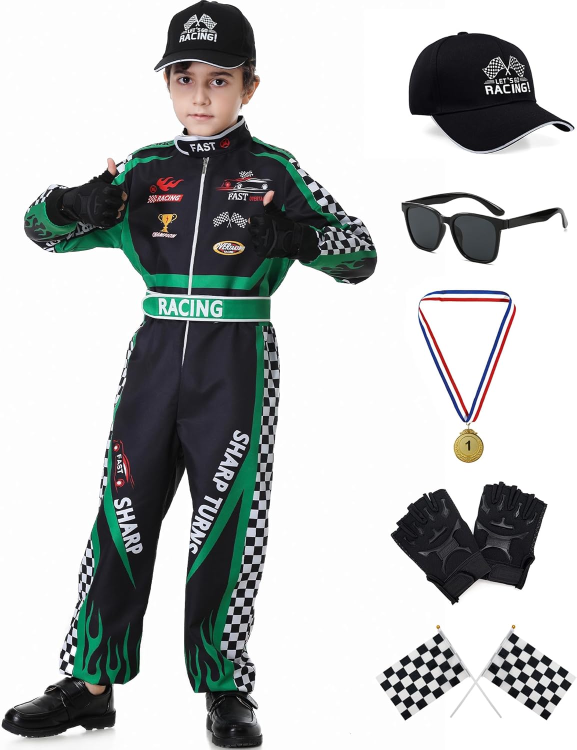6PCS Race Car Driver Costume Boys Racing Suit Kids Jumpsuit Set with Cap Medals Glasses Gloves for Halloween