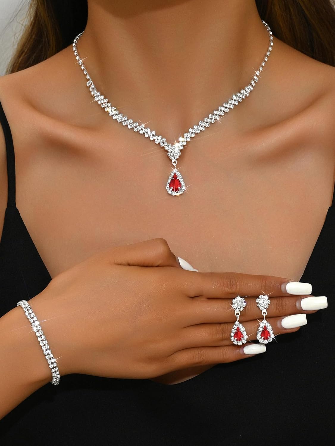 Silver Jewelry Set for Prom,Elegant Prom Jewelry Set Crystal Rhinestone Necklace Earrings Bracelet Brides Wedding Prom Dresses Costume Jewelry Accessories for Women - Image 6