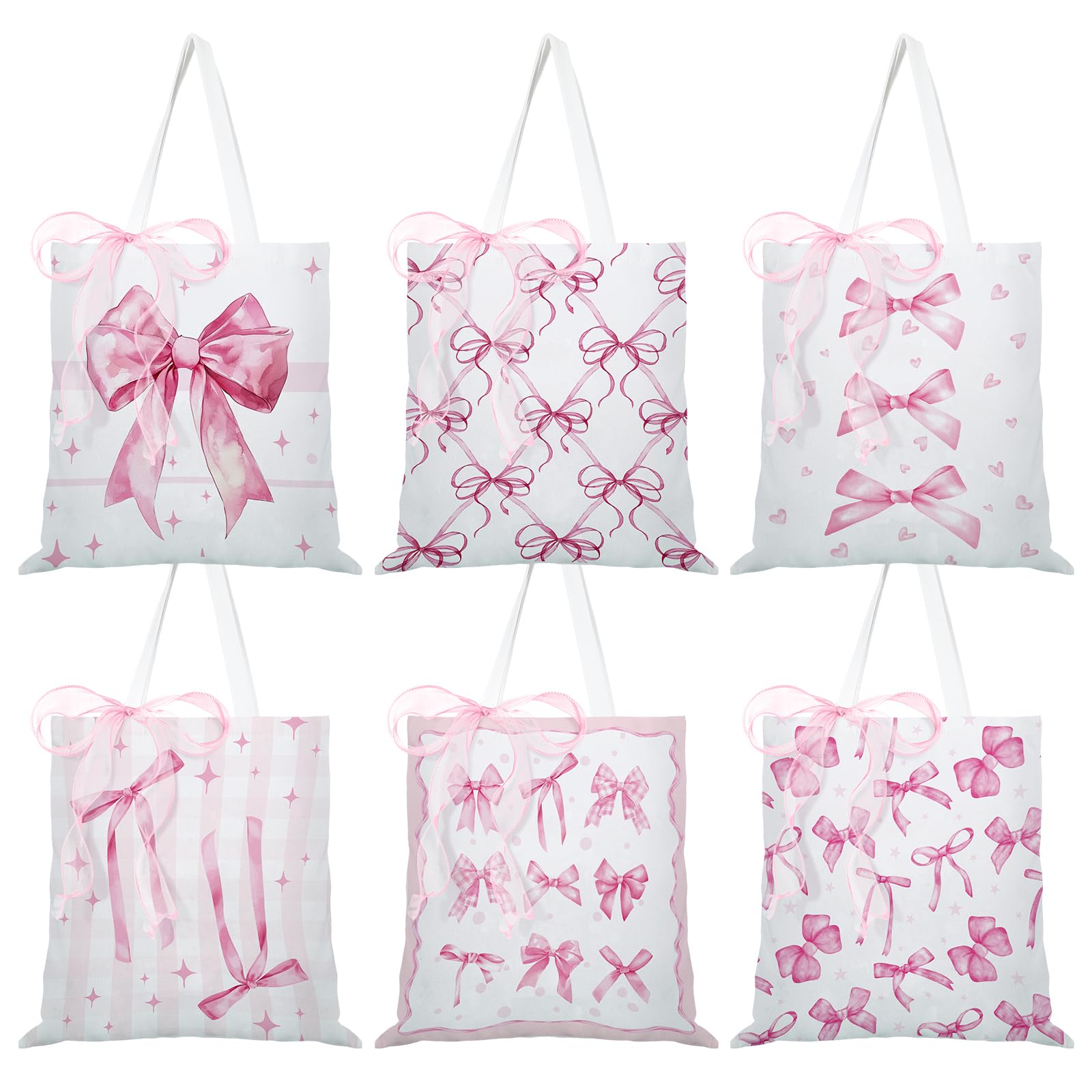 Paterr 6 Pcs Valentine Canvas Bags Pink Bow Canvas Tote Bags with Handles for Women Aesthetic DIY Bowknot Preppy Gifts Set with 2 Rolls Ribbon for