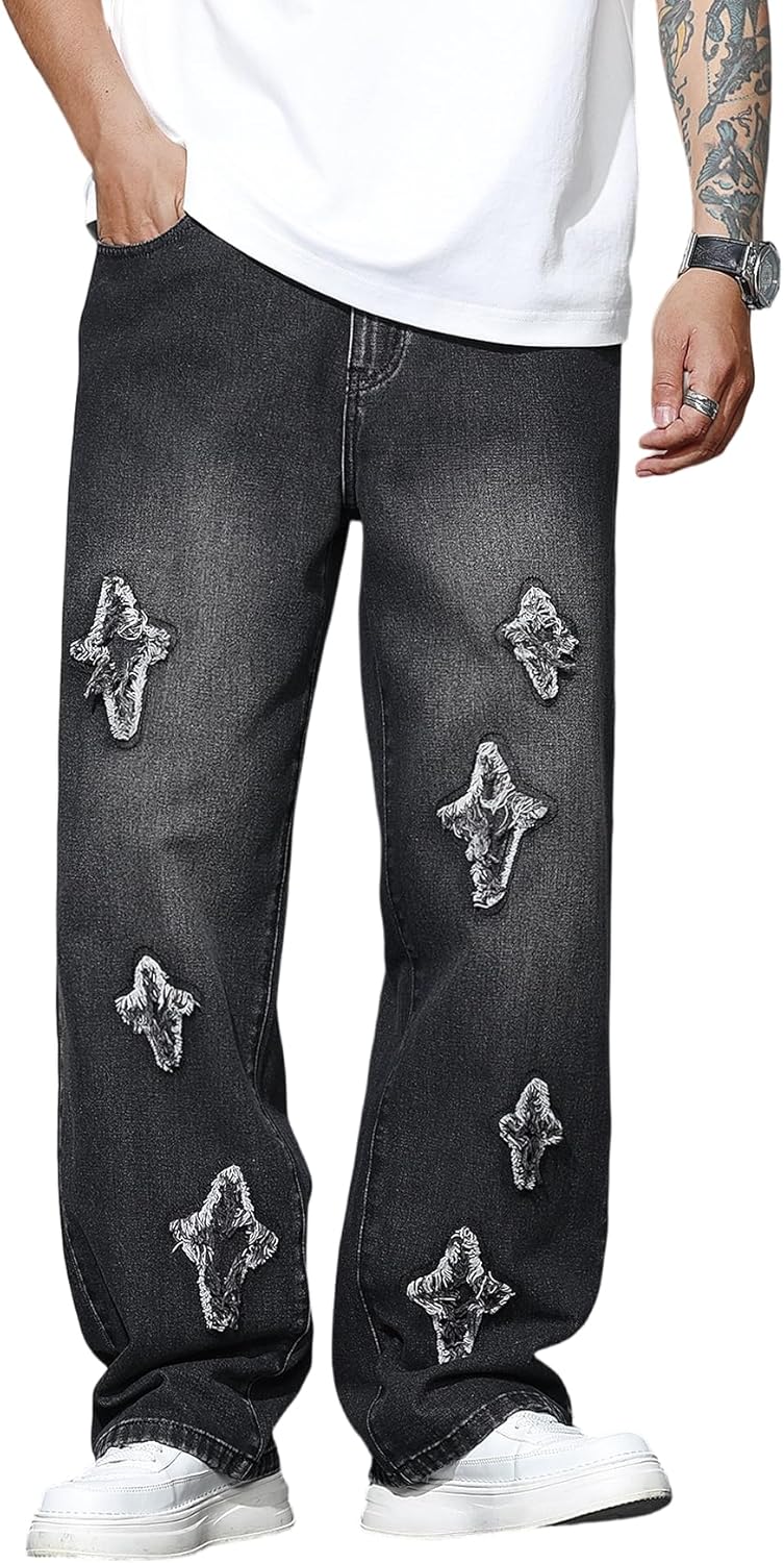 Mens Wide Leg Baggy Jeans Y2k Casual Fashion Loose Denim Pants Work Office Streetwear