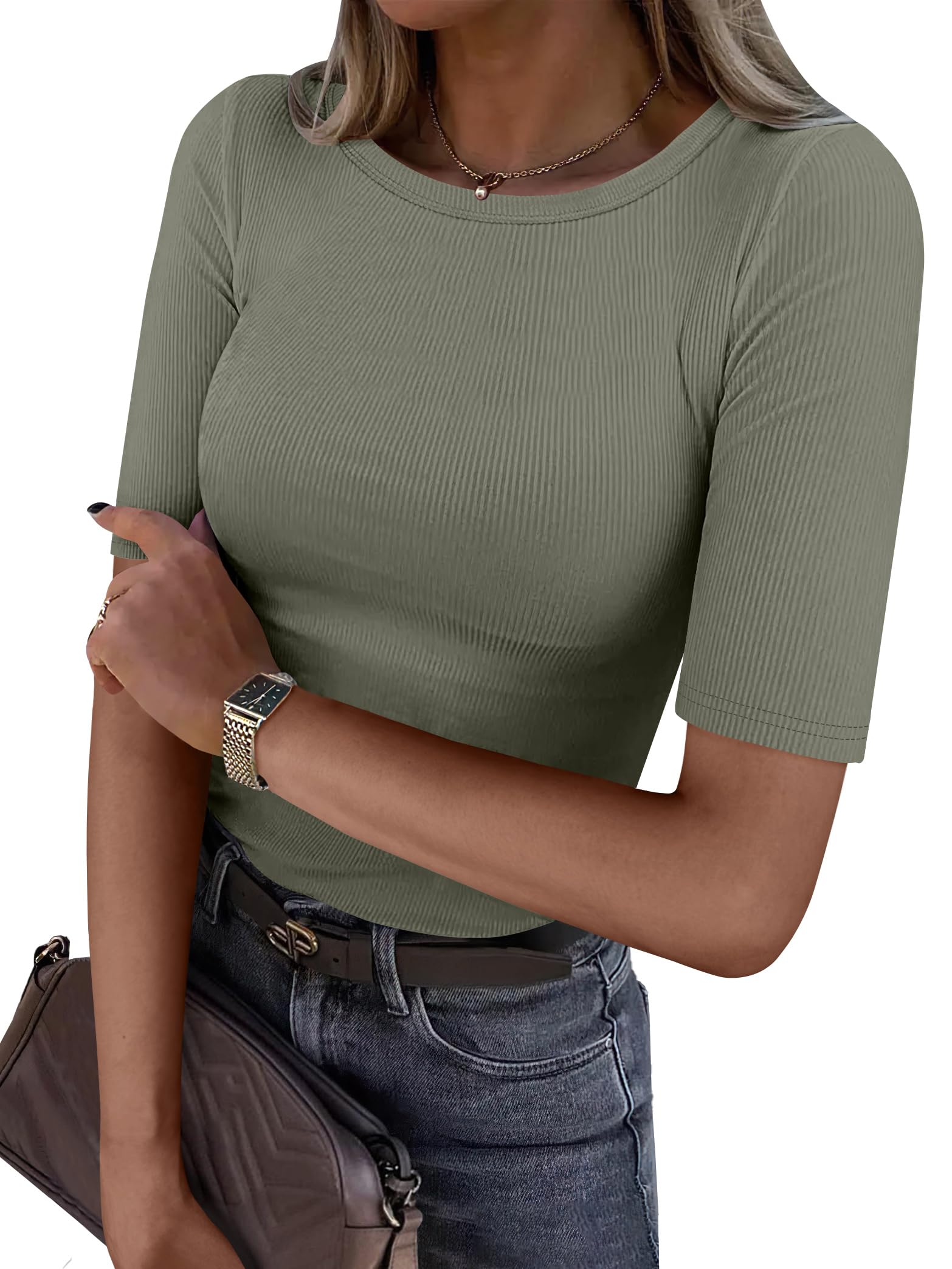 ANRABESS Womens Half Sleeve Crewneck Tops Ribbed Knit Slim Fit Shirts Basic Tee 2026 Spring Summer Dressy Casual T-Shirts