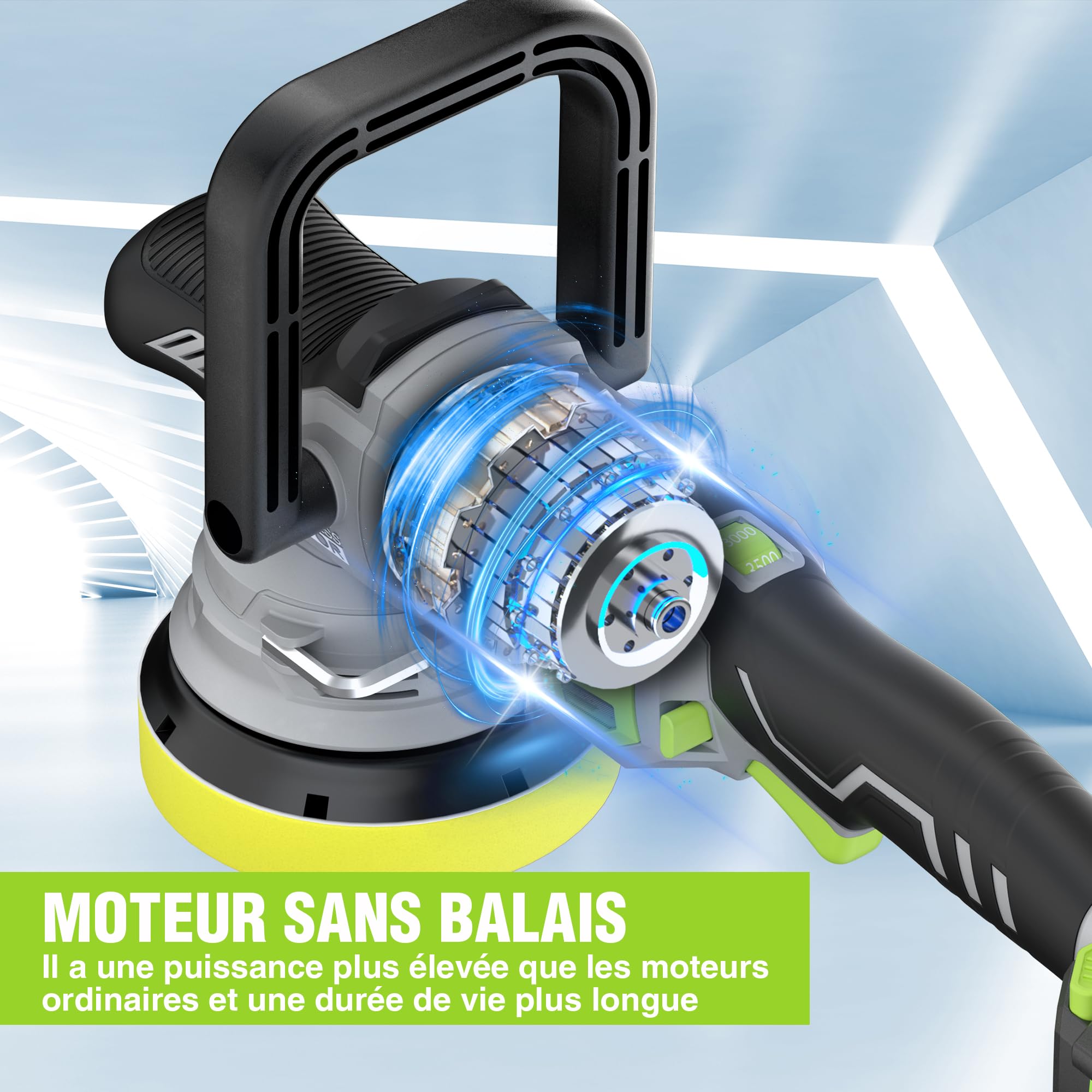 WORKPRO Polisseuse de Voiture sans Fil 20V, Polisseuse Orbitale sans Balais à Double Action, 7 Vitesses (2000-5000 tr/min), Poignée en D Réglable, avec Sac, pour Voitures, Sols, Carreaux, Meubles