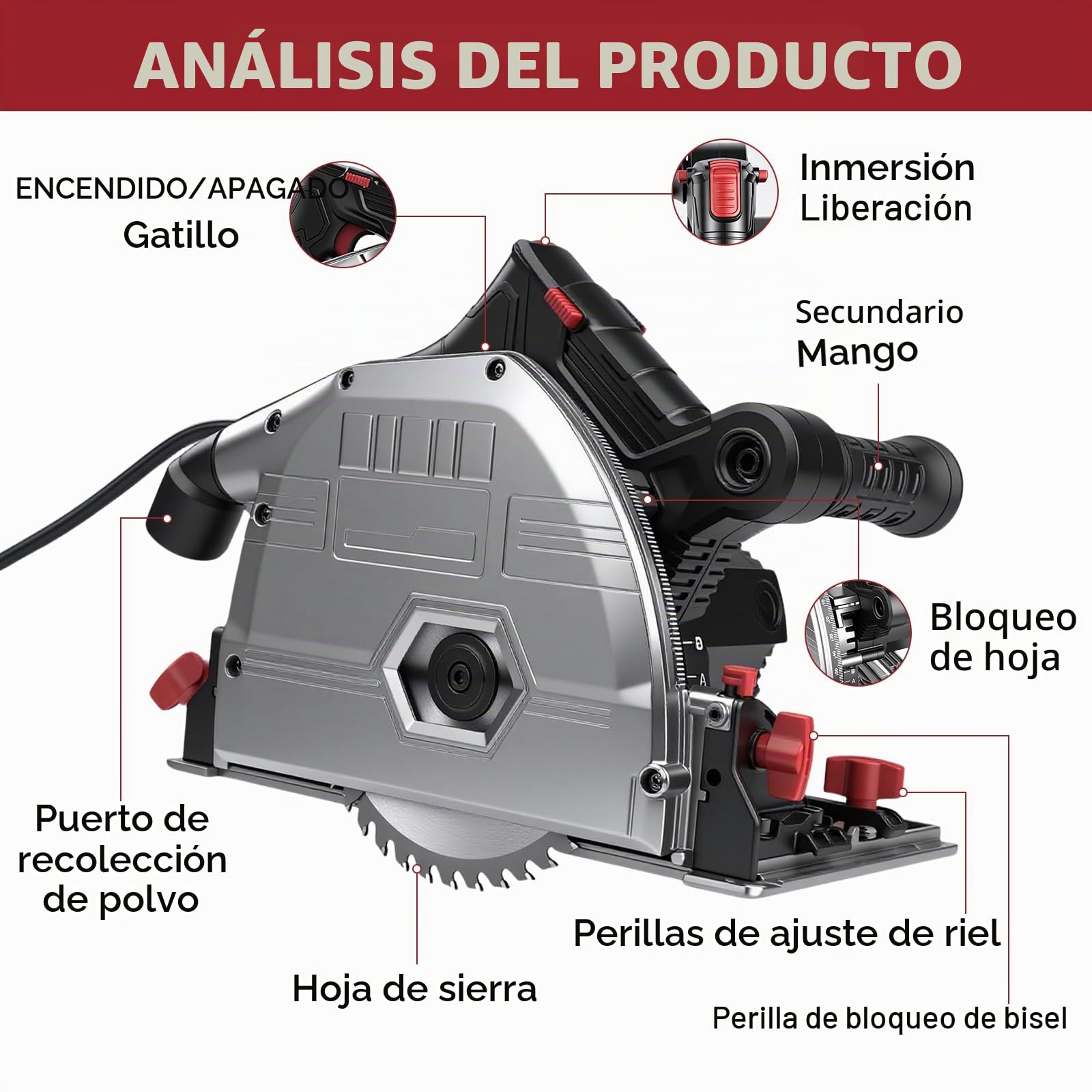 Sierra Circular 1200W con Guia de Corte, Sierras Inmersión de Mano 5000RPM, Profundidad de Corte 57mm(90°), 42mm(45°), Hoja de Sierra 165mm(40T), para Cortar Madera