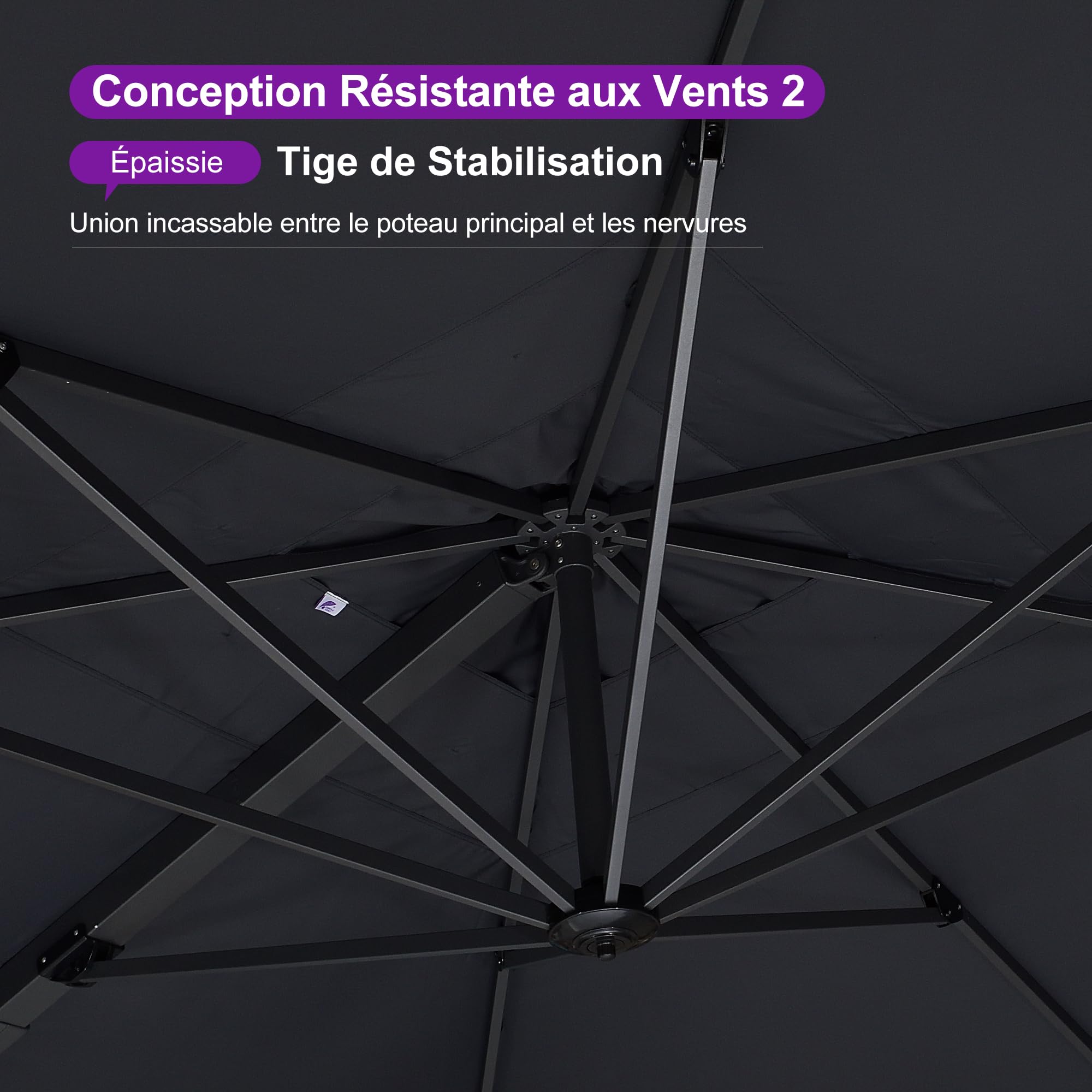 PURPLE LEAF Grand Parasol Déporté 3,65 x 3,65 m Aluminium Robuste, Gris | Mât renforcé Ø11 cm, Montage facile, Rotation 360°, Inclinaison 5 positions, Toile durable, Toile amovible et lavable