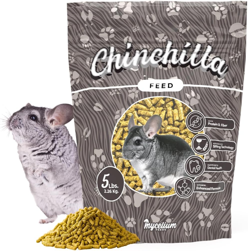 Mycelium Chinchilla Feed Pellets 5 lb | Organic, High Protein & Fiber Chinchilla Food with Vitamins & Probiotics | Supports Digestion, Dental Health, Coat & Skin | Non-GMO, USA Made