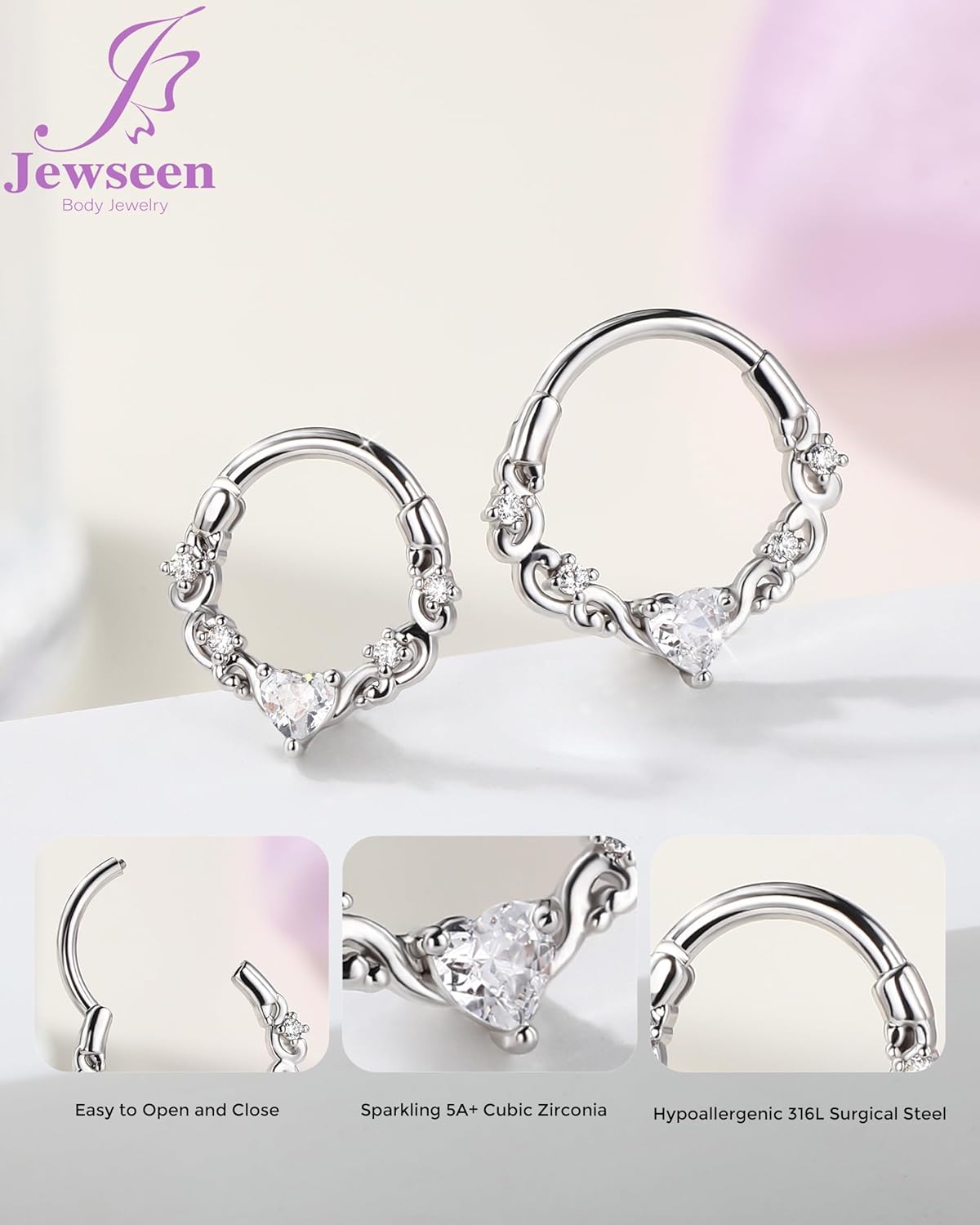 Jewseen Shiny Heart Zircon Septum Clicker Cartilage Nose Ring 316l Surgical Steel 16G Piercing Jewelry - Image 5