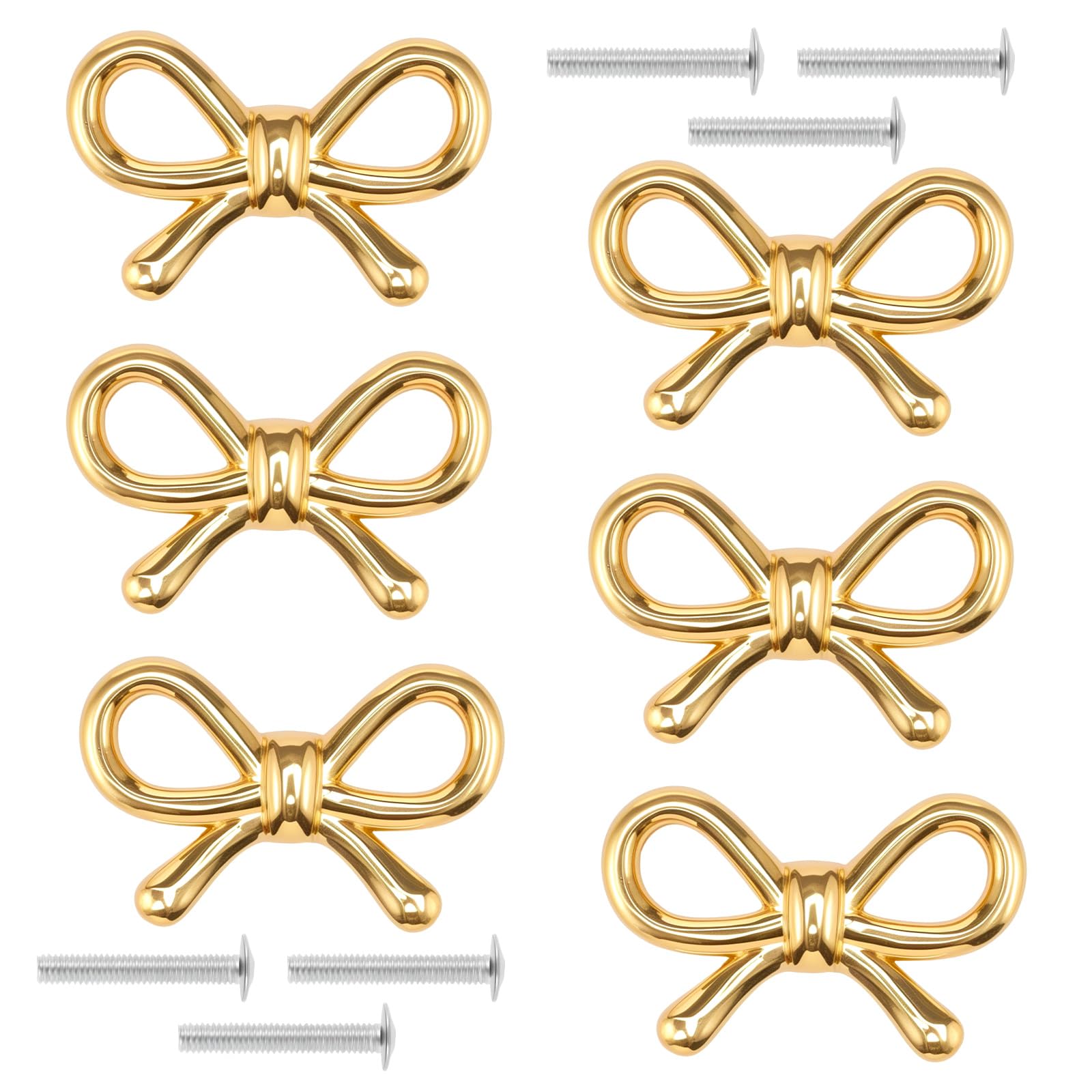 2/4/6 Pcs Bow Tie Gold Bow Drawer Knobs Gold Brass Cabinet Pulls with Screws Decorative Cupboard Handles for Dresser Wardrobe Drawer Cabinet(6pcs)