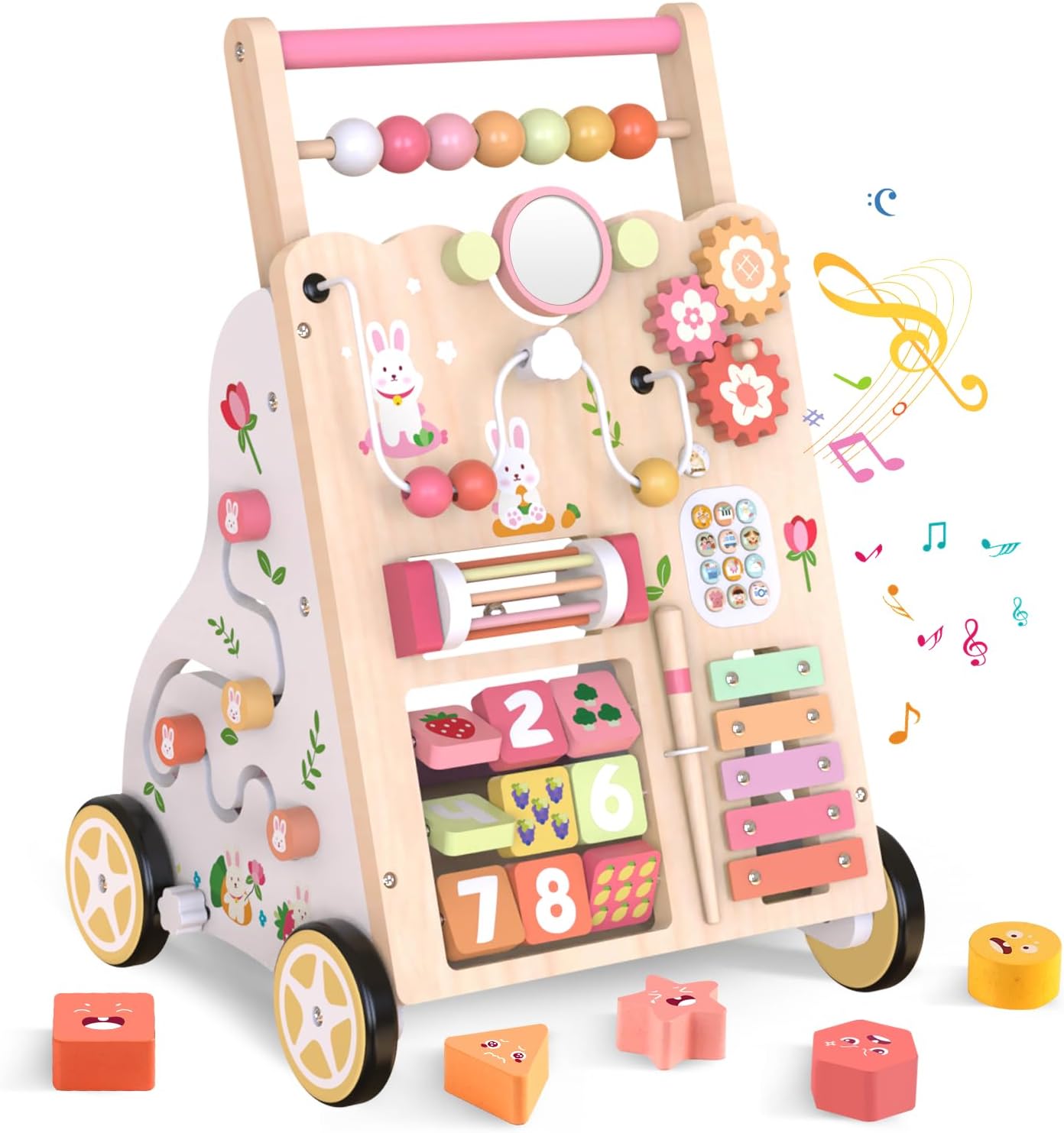 Wooden Baby Walker, Push Walker with Wheels, Montessori Activity Center Walker for Toddlers 12+ Months, Adjustable Height & Speed Learning Walking Toy for 1 Year Old Boys and Girls (Pink)