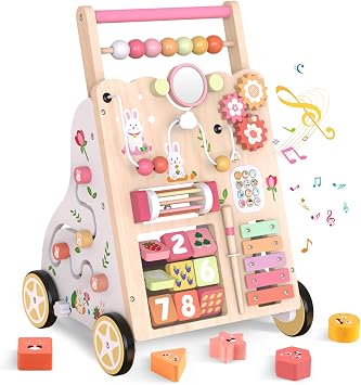 Wooden Baby Walker, Push Walker with Wheels, Montessori Activity Center Walker for Toddlers 12+ Months, Adjustable Height & Speed Learning Walking Toy for 1 Year Old Boys and Girls Pink