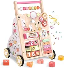 Baby Walker Wooden Walker Cart - Walker Montessori Toy with Activity Center - Adjustable Height and Speed - for Girls and Boys 12+ Months (Pink)