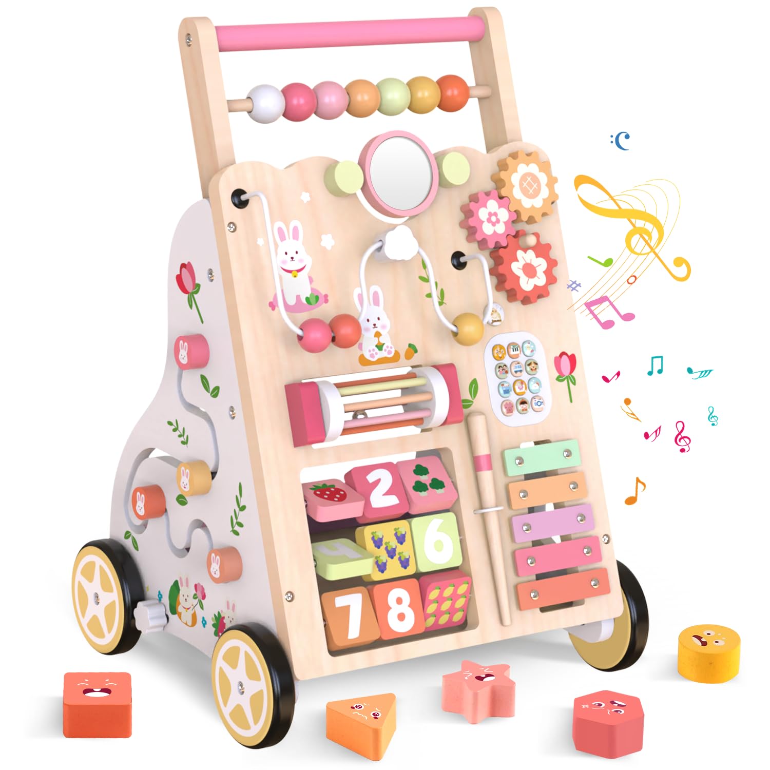 Baby Holz Lauflernwagen mit Rädern – Montessori Lauflernspielzeug für Mädchen & Jungen ab 1 Jahr – Schiebewagen mit Aktivitätscenter, Verstellbarer Lernspielzeug für Kleinkinder (Rosa)