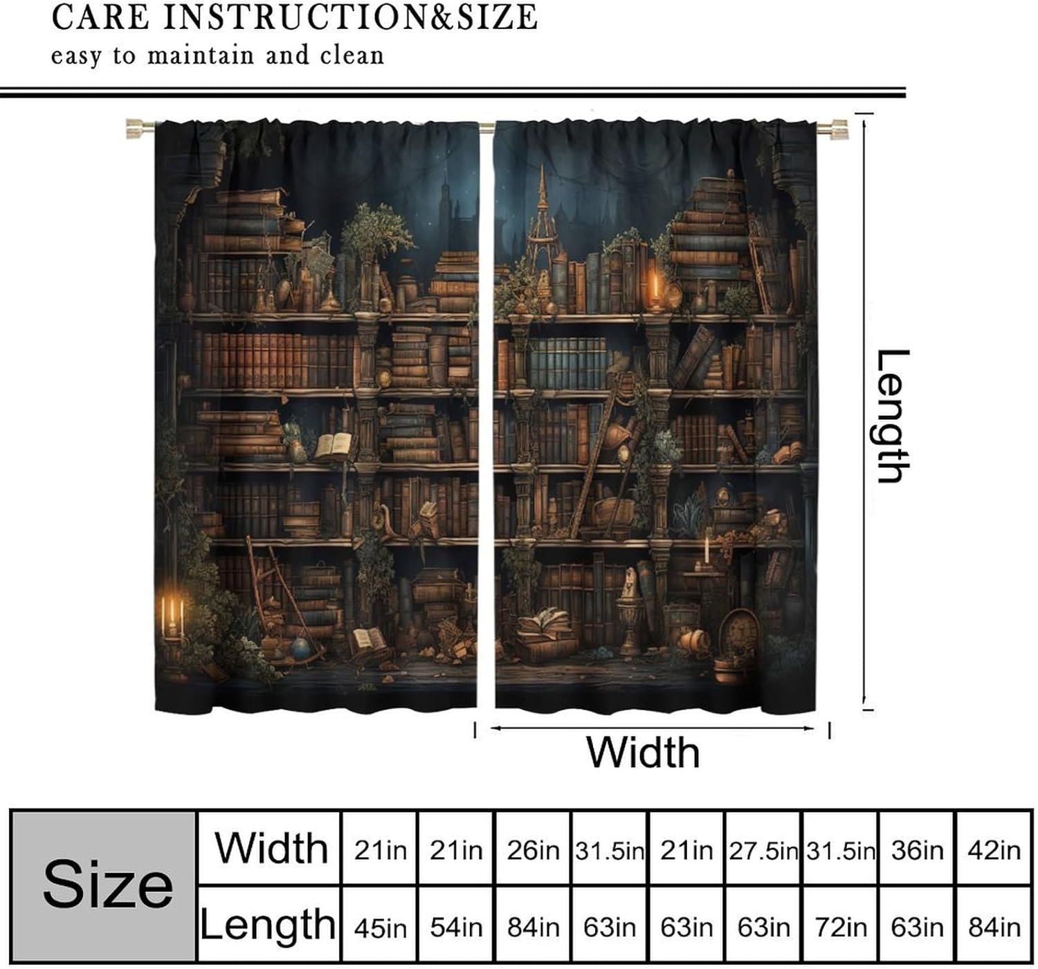 Bookshelf Blackout Curtains, Retro Library Vintage Bookcase Wooden Antique House Pattern Printed Curtains for Bedroom Living Room Decoration, Thermal Insulation Curtains 84x84 Inch