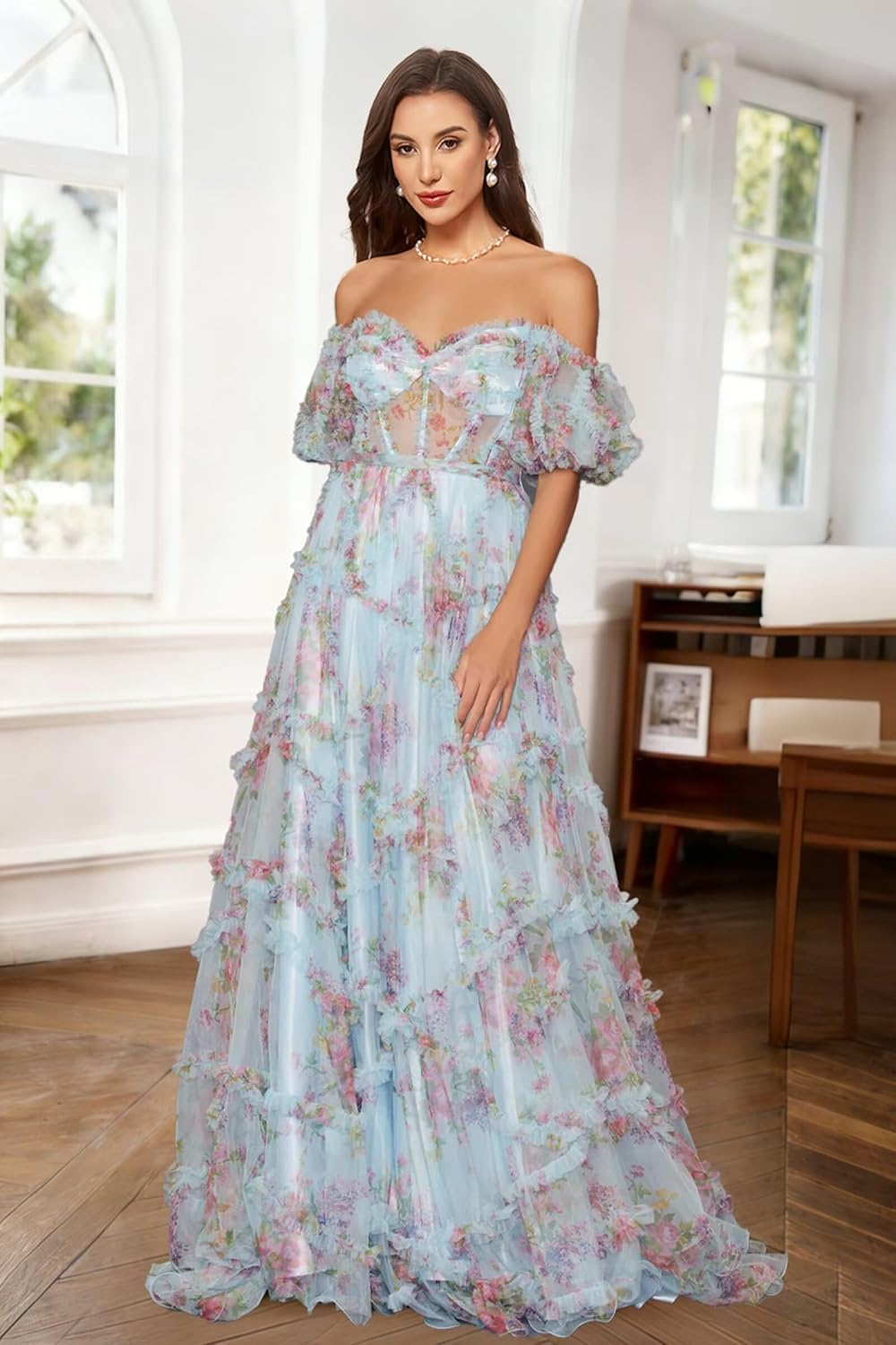 Women Off The Shoulder Ball Gown Dresses Floral Ruffle Tiered Quinceanera Dresses Tulle Sweet 16 Dress with Bow