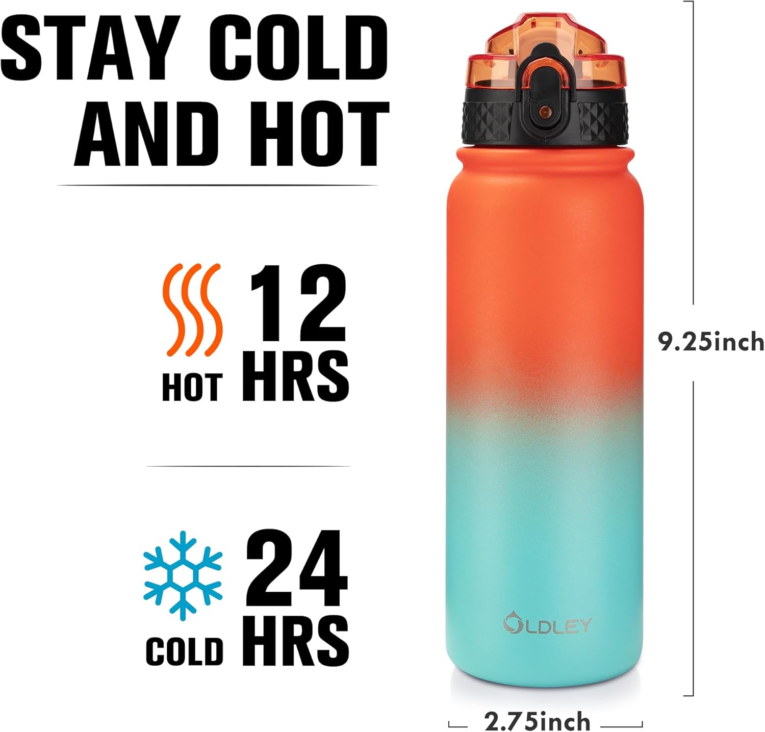 Oldley Insulated Water Bottle 20oz Water Bottles with Straw, Stainless Steel Water Bottle with 3 Lids, Double Wall Vacuum Bottels for Adults School Kids,Leak-Proof Sport Bottles, Ombre Orange-green - Image 3