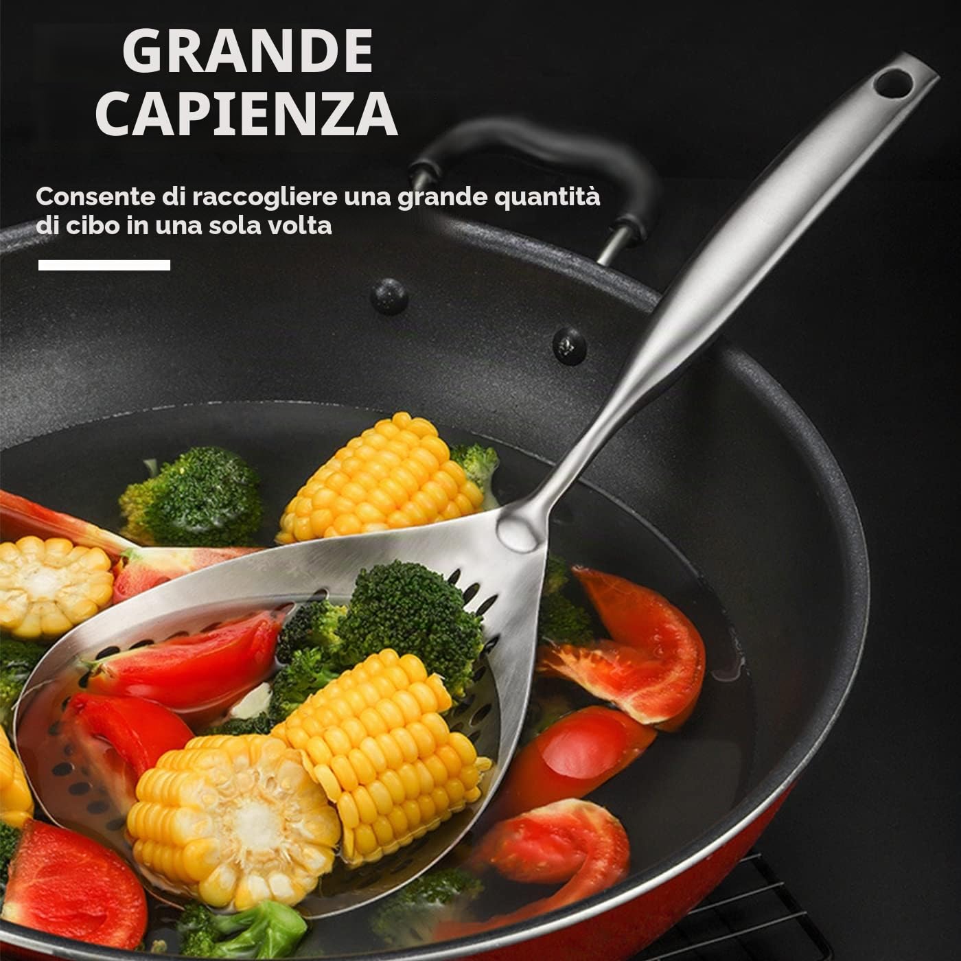 KAYCROWN Schiumarola scanalata, in acciaio inox 304, mestolo per schiumarola, colino per cucinare e friggere, colino per pasta, frittura, cucina