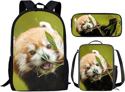 Miniatura 2 de Mochila escolar para niñas y niños con lonchera y estuche para lápices, cómoda mochila acolchada ligera con panda rojo, juego de mochila para niños,