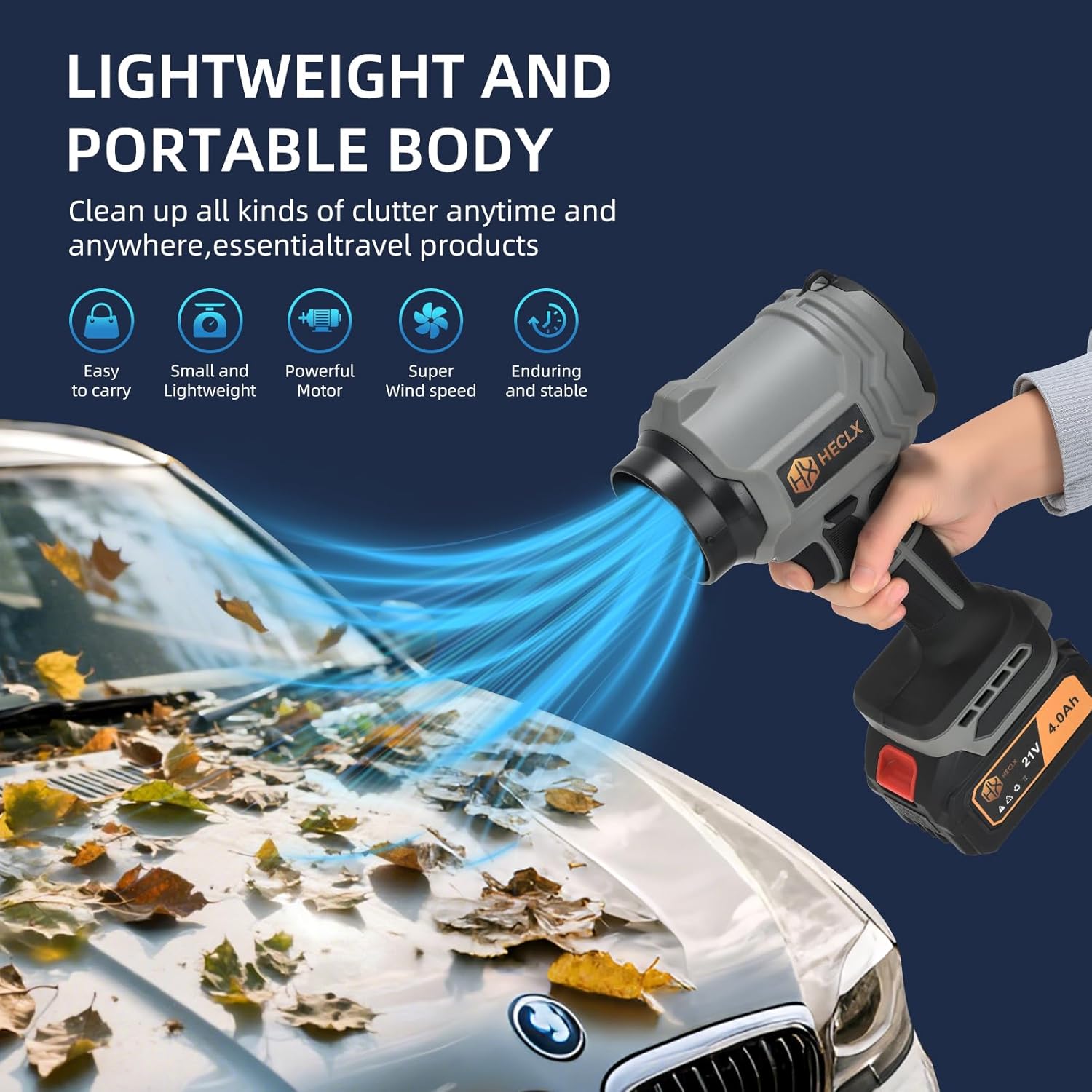 Leaf Blower Cordless, Snow Blower Cordless with Battery and Charger, Car Dryer Air Blower, Handheld Leafs Blower Dryer Air Blowers for Patio Cleaning, Gray