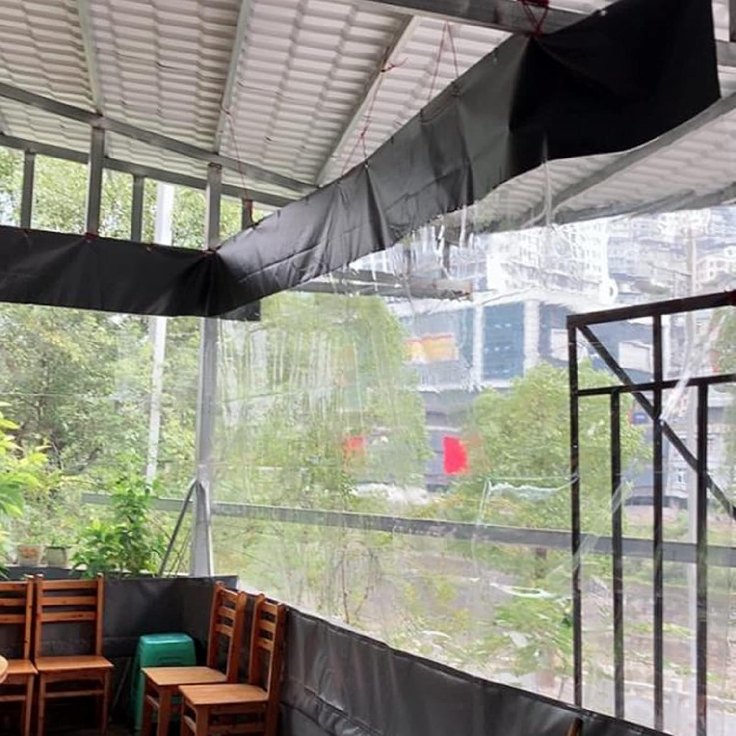 HIYOUGO Outdoor Vinyl Curtain with Clear Tarp Panel, 11x8ft PVC Heavy Duty Clear Panel Curtains with Grommets Weather Resistant Curtains for Patio, Pergola, Porch, Gazebos