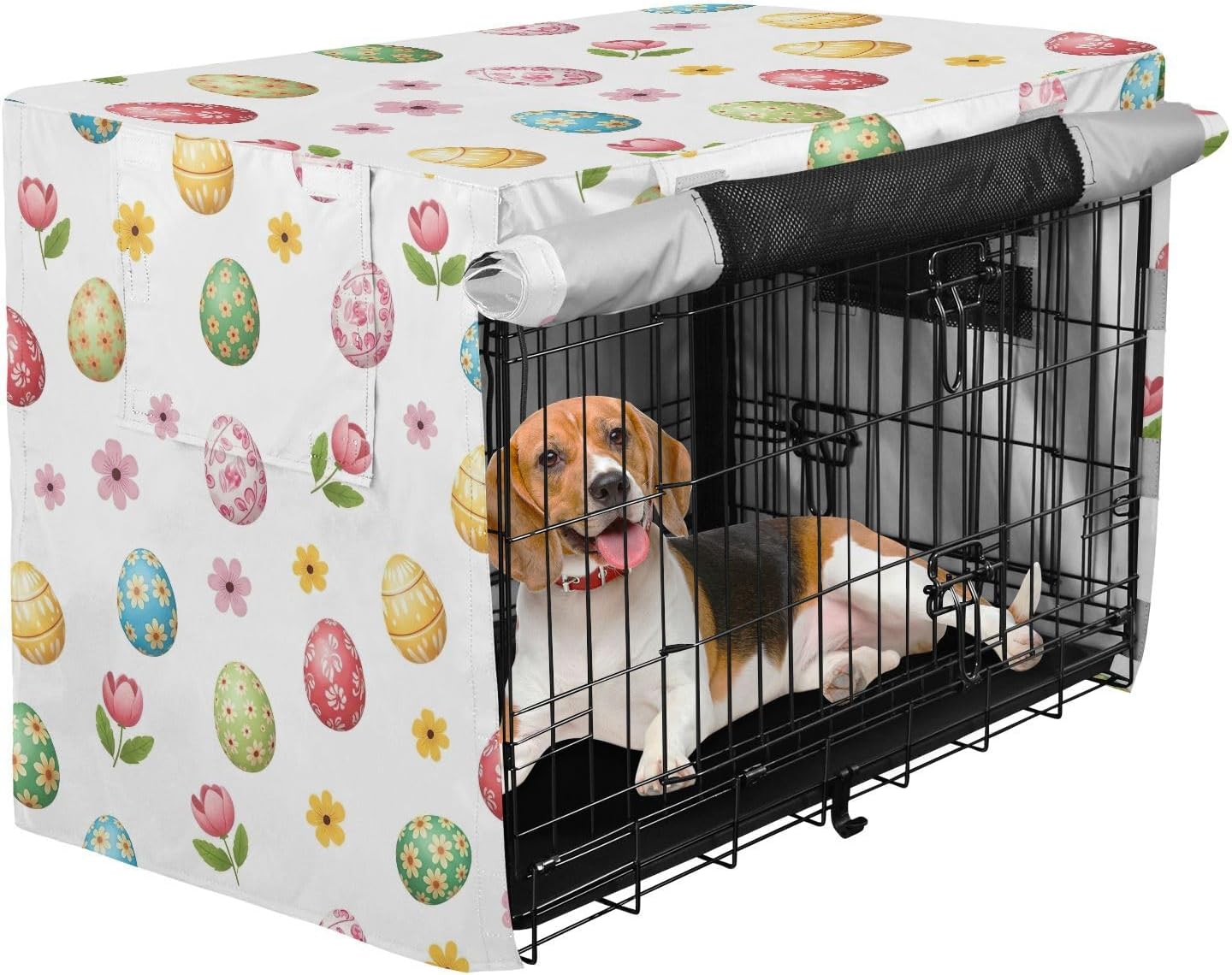 Colorful Easter Eggs White Dog Crate Cover Easy to Install, Pet Crate Cover with Roll-up Sides, X-Large