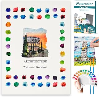 Watercolor Workbook, Water Coloring Book with 13 Pages 300GSM Paper, 26 Colors Watercolor Paint Set with Brush & Storage Bag, Beginner-Friendly Coloring Book for Adults，Architecture Theme
