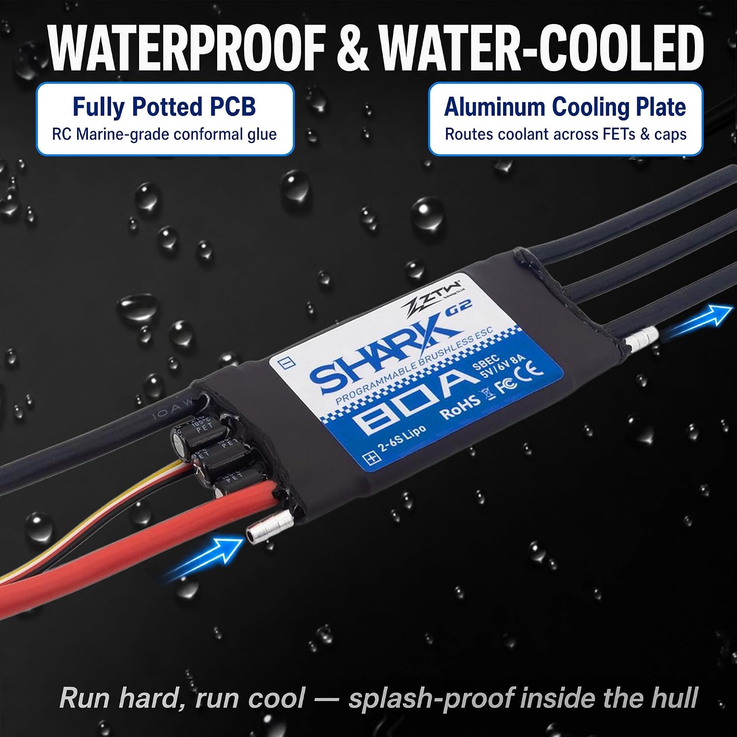 ZTW Shark G2 80A ESC 2-6S Built-in Swithcing BEC 5V/6V 8A Water-Cooling Bidirectional Waterproof Brushless Speed Controller for RC Boat Marine