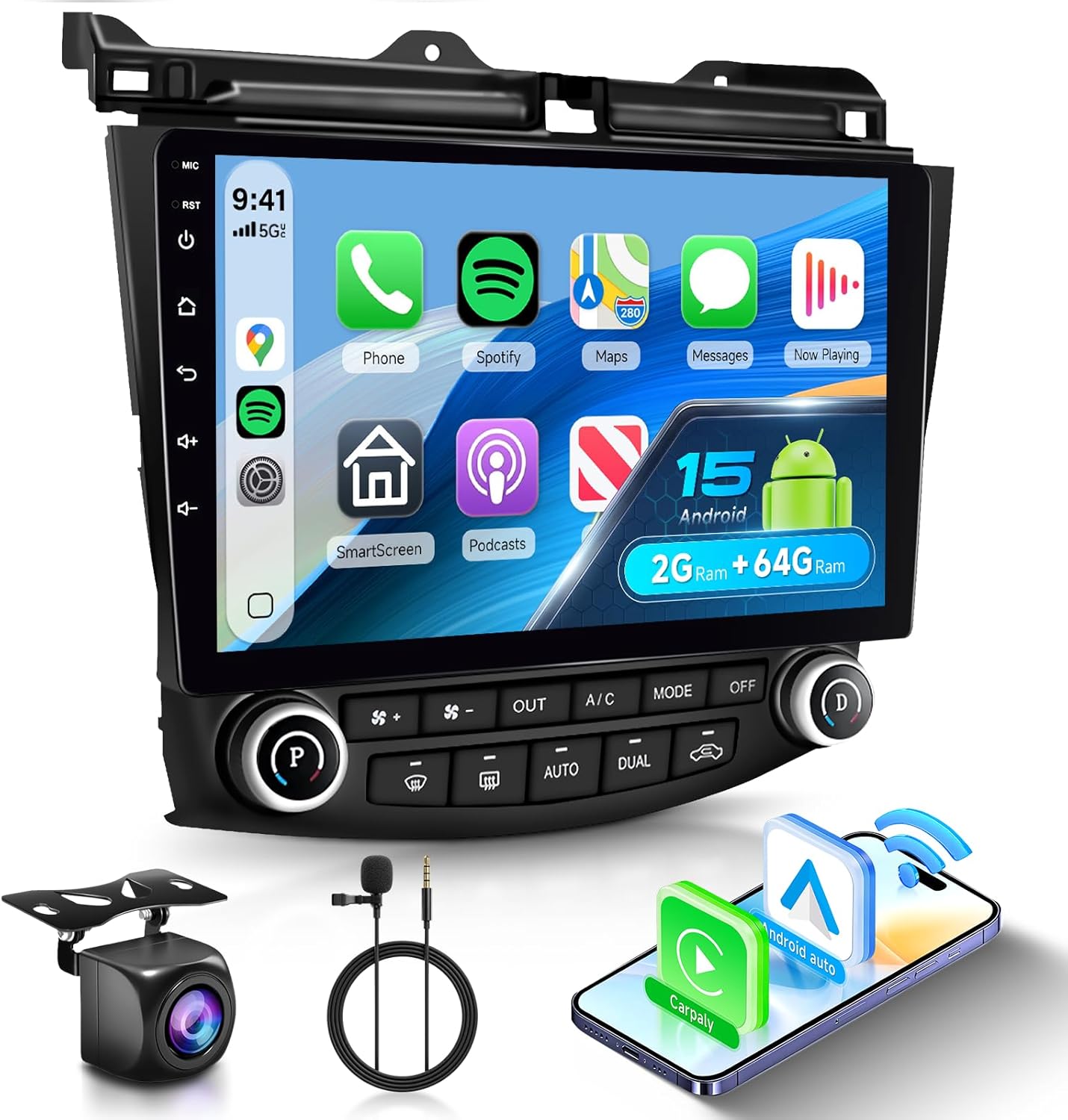 2+64G for Honda Accord 7th 2003 2004 2005 2006 2007 Wireless Carplay/Android Auto,Android Car Radio Stereo 10.1 Inch Touch Screen GPS Navi WiFi Bluetooth FM/RDS Mirror Link SWC Backup Camera