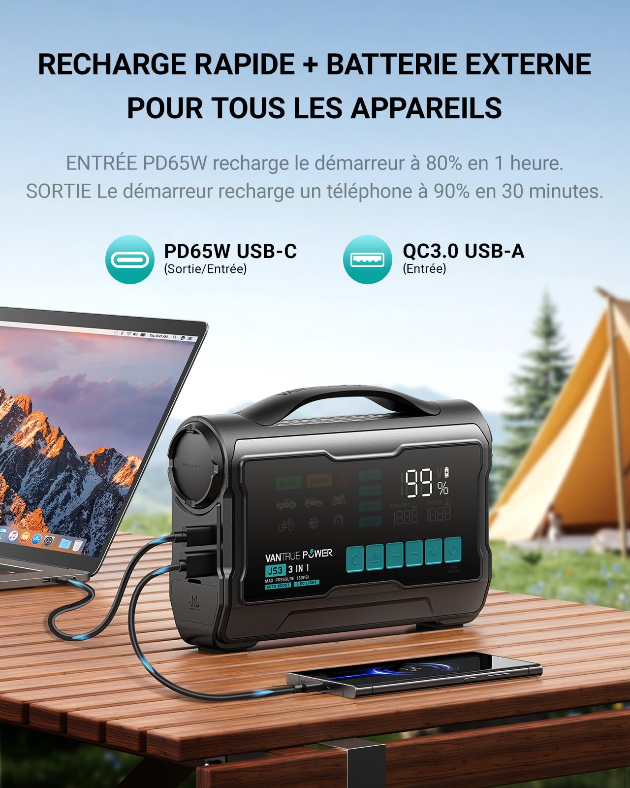 JS3 3250A Réels Booster Batterie Voiture avec Gonfleur 160PSI, 12V Démarreur Portable avec 9" Grand Écran, Charge Rapide 65W Power Bank, 400 Lumens LED, pour Essence 10L/ Diesel 8L