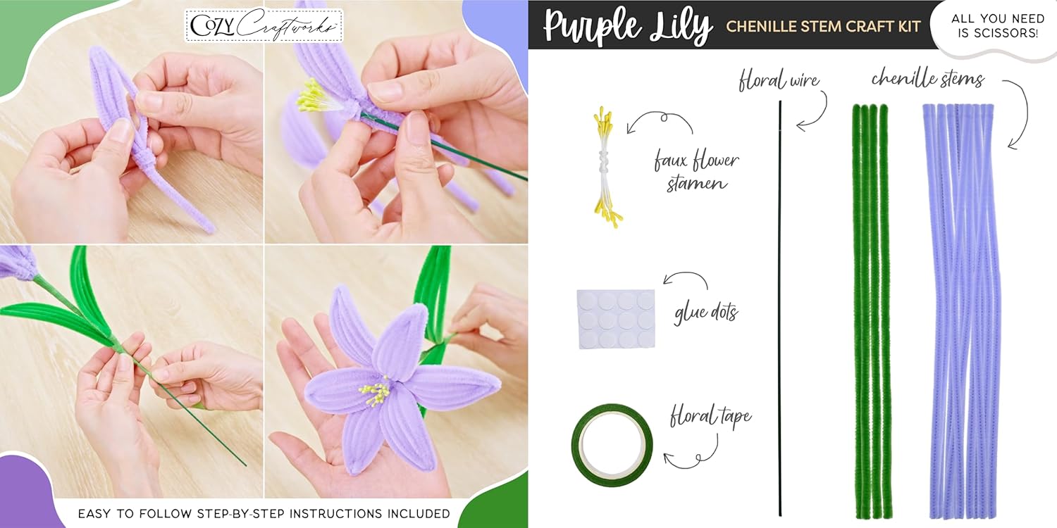 WeVeel Chenille Stem Flower Craft Kit for Adults – Create 6 Colorful Blooms (Lily, Rose, Calla Lily, Tulip, Gerbera & Daisy) – Relaxing DIY Arts & Crafts Kit with All Supplies
