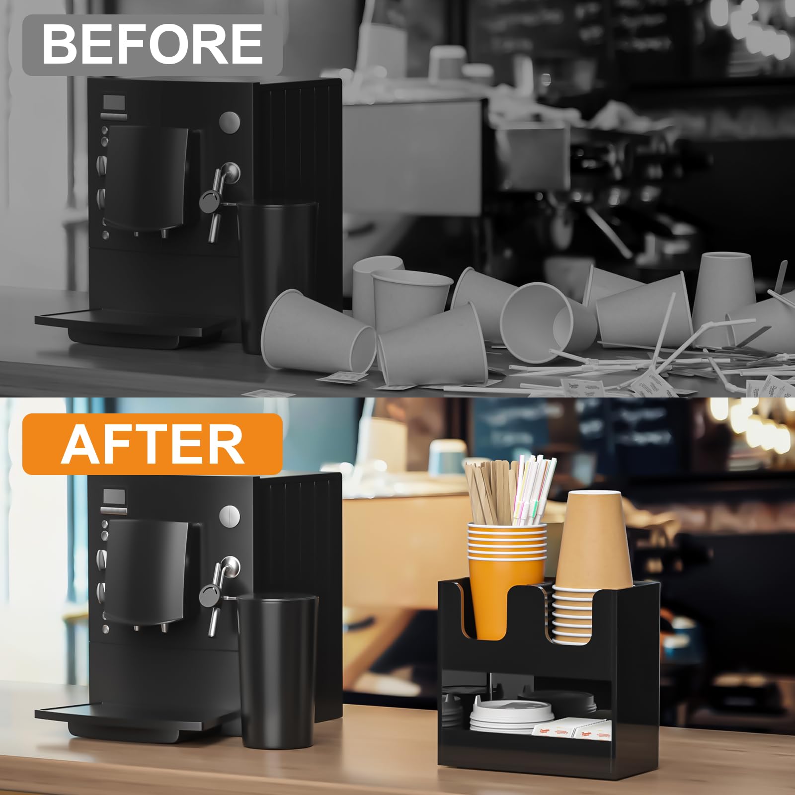 Beego Portavasos de 3 compartimentos para encimera, dispensador de tazas de acrílico negro de 2 niveles, estación de café, taza de papel y tapa, organizador de condimentos para restaurante, sala de