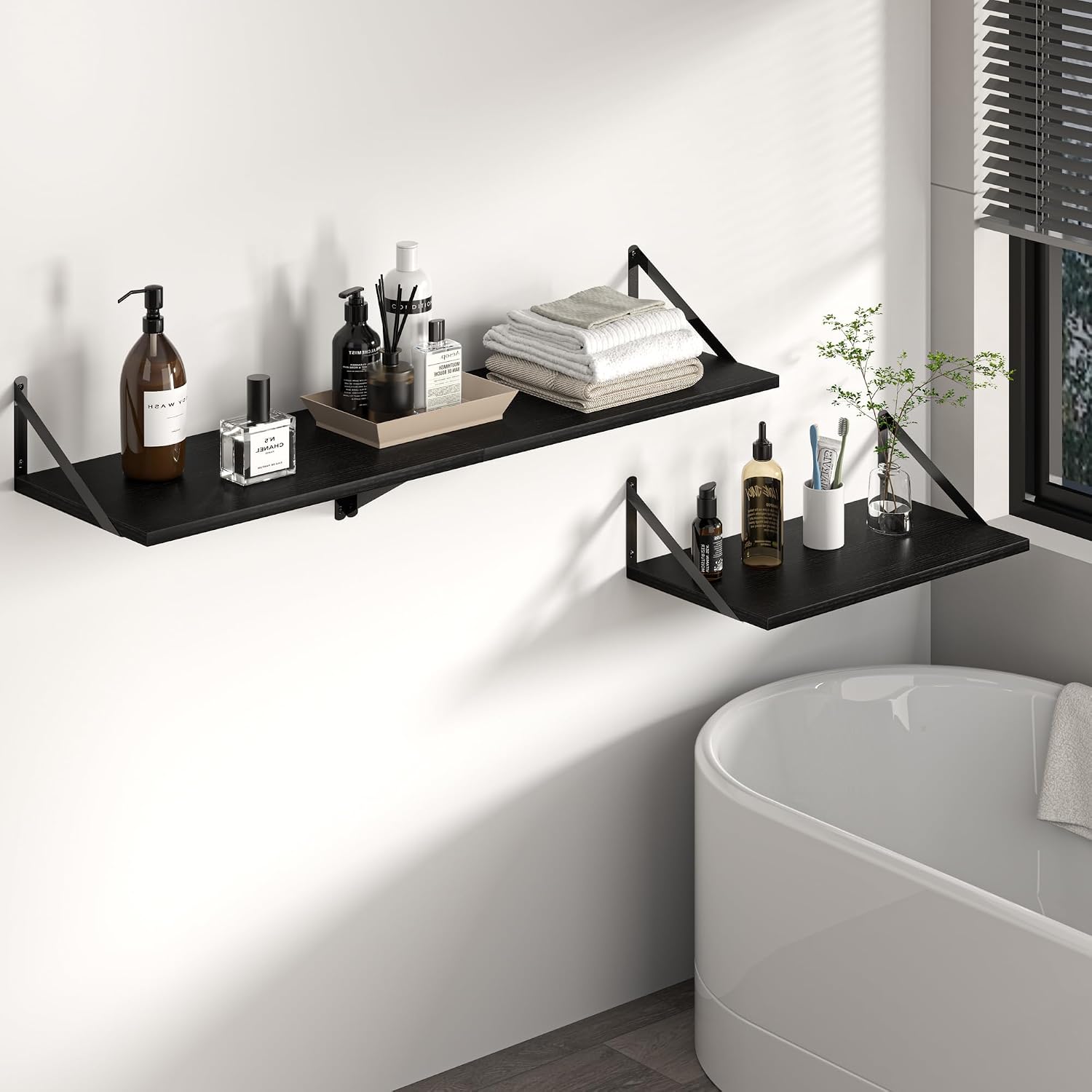 Heimlove Black Deep Floating Shelves for Wall, 28W x 12D Wood Wall Shelves Set of 2, Wide Floating Bookshelf for Living Room, Kitchen, Office, Bedroom and Decor Storage, with Metal Bracket - Black