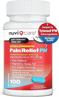 NUVICARE Extra Strength Pain Relief PM - Acetaminophen 500mg & Diphenhydramine 25mg - Compare to Tylenol Extra Strength Sleep Aid - Adult PM Pain Reliever for Nighttime Aches & Pains (100 Tablets)