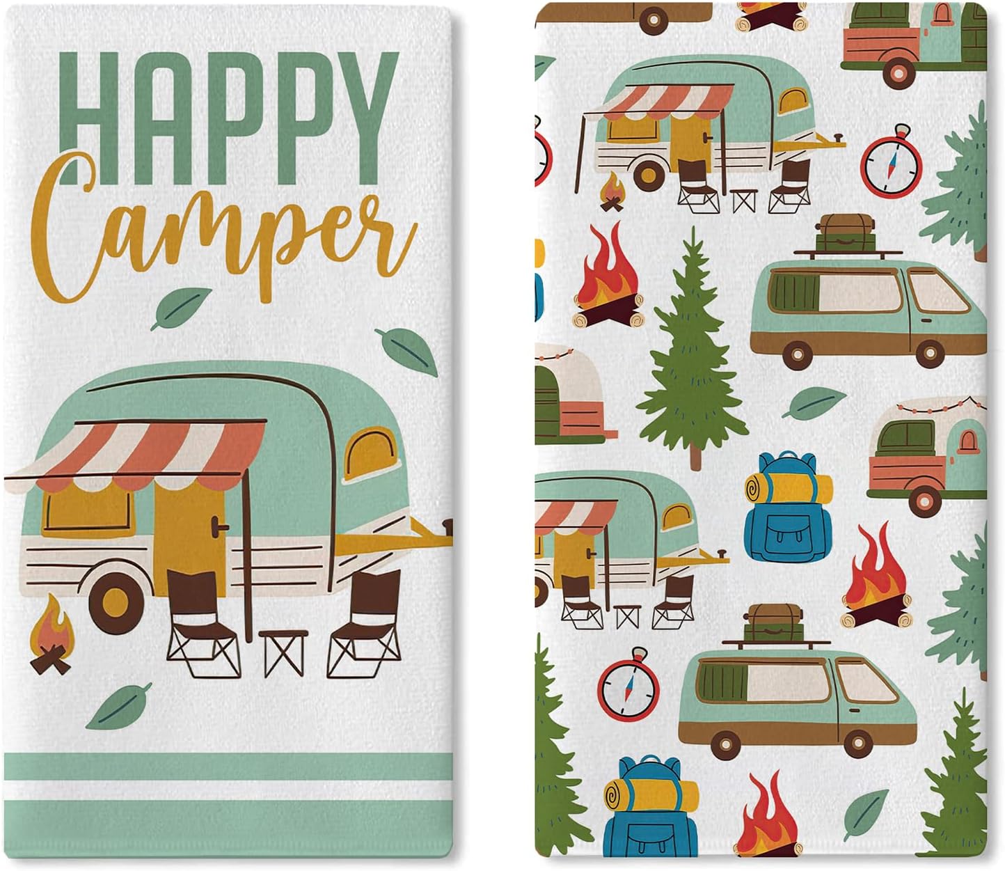 Happy Camper Kitchen Dish Towels Set of 2, Camping RV Adventure Travel Drying Hand Towel Baking Cooking Cloth, Campsite Campfire Tree Bathroom Home Decoration 18'' x 26''