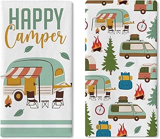 Happy Camper Kitchen Dish Towels Set of 2, Camping RV Adventure Travel Drying Hand Towel Baking Cooking Cloth, Campsite Campfire Tree Bathroom Home Decoration 18'' x 26''