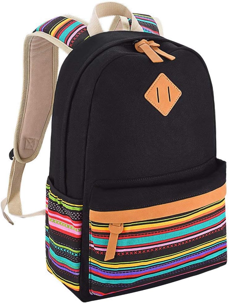 School Backpack Girls, Lightweight Unisex Fashionable Canvas Zip College Laptop Bag for Teens Girls Students Casual Travel Daypack - Black