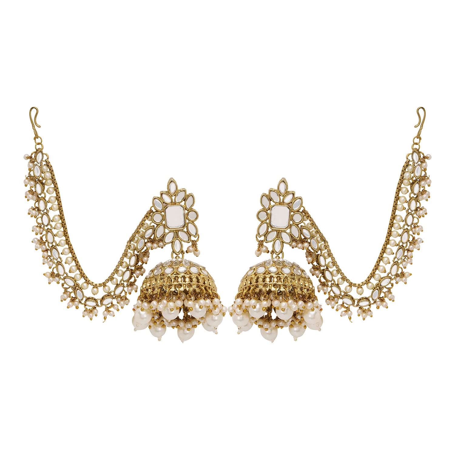 AQUASTREET Gold plated Mirror studded Jhumkas with Hair Chains/Kaan Chain and Pearl drops Copper |Gift For Women and Girls|Valentine gift for Girlfriend, Wife (B0C377W85P) Amazon Price History, Amazon Price Tracker