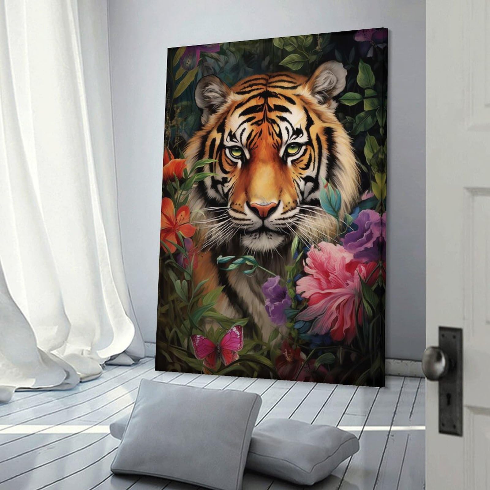 Junmoney Wall Decor Canvas Print Bengal Tiger Exotic Flower, 08x12inch(20x30cm), for Study, Office Or Apartment Decor, Canvas Artwork with Gifting Potential