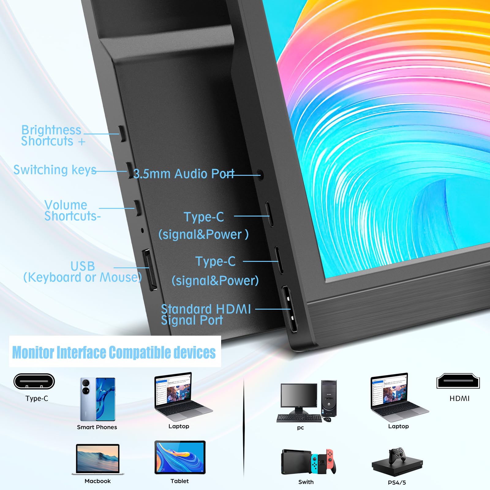 Kenowa Monitor portátil de 11,6 pulgadas con pantalla IPS dual C/HDMI FHD 1920 x 1080 LCD monitor externo para Windows 7 8 10 OS PS3 PS4 Xbox Mac Raspberry Pi B ordenador portátil