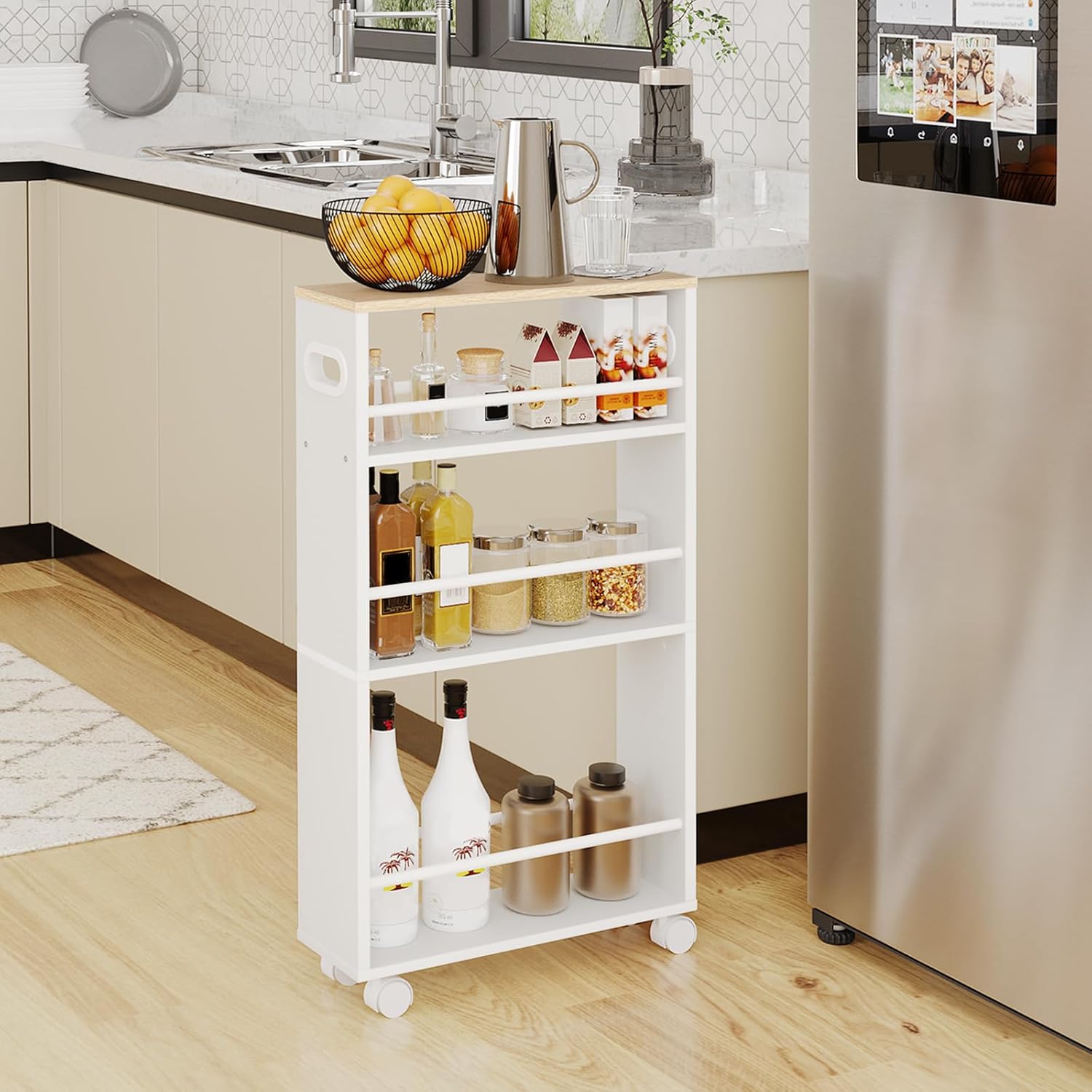 HOOBRO 4-Tier Slim Service Cart in a kitchen setting, filled with various jars and bottles.