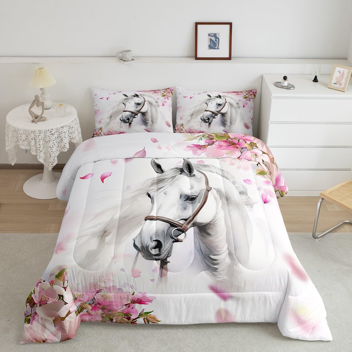 Erosebridal Girls Horse Comforter Set Queen Chic Cherry Blossom Bedding Boys Teens Galloping White Duvet Insert 3D Wild Animal Quilts Western Rustic Farmhouse Style Bedroom Decor 3 Pcs