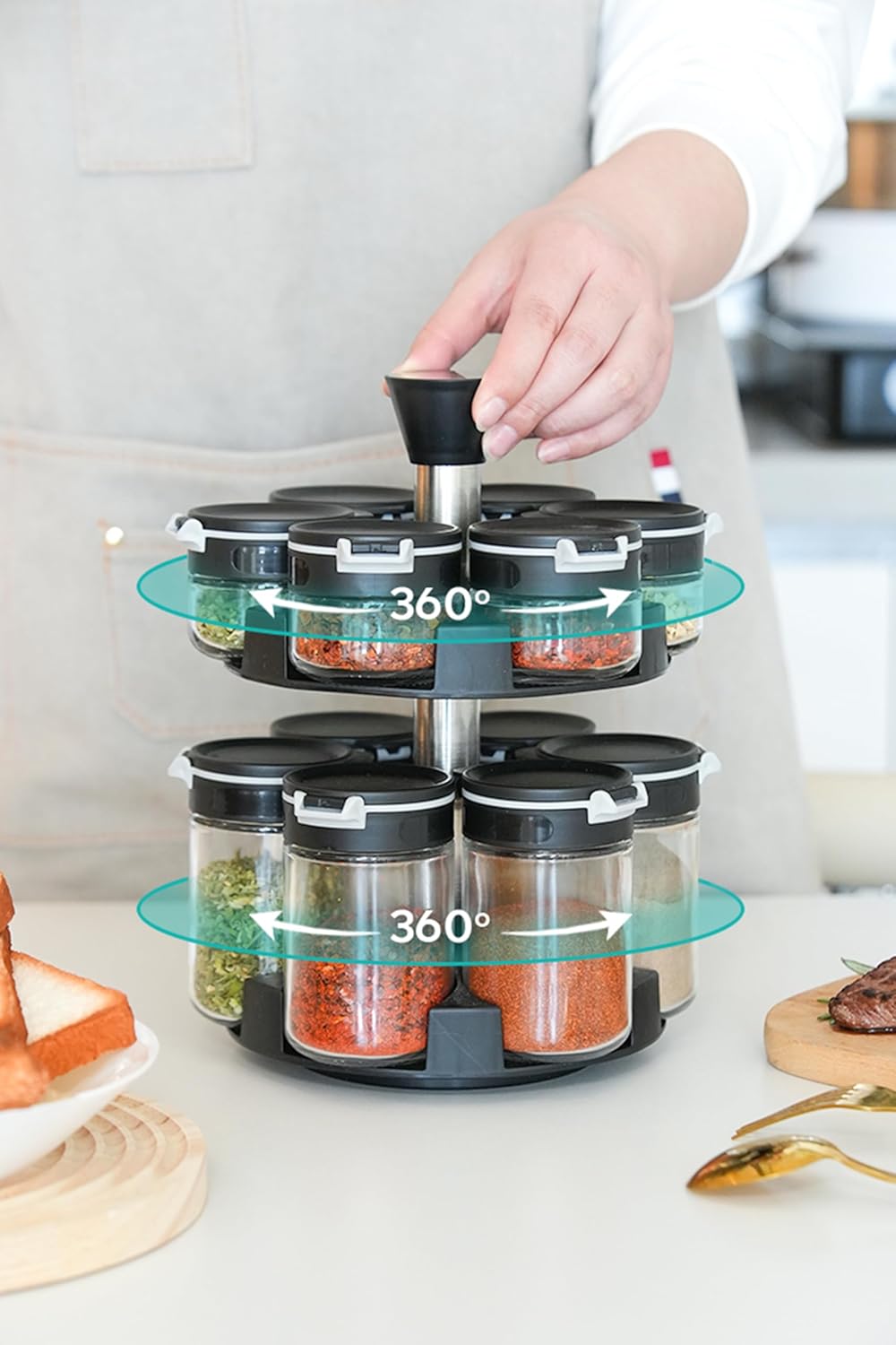 360 rotating 2 tier jars spice rack (6 small 6 large spice jars) Revolving Seasoning Organizer. Spinning Spice Rack for Counter top and Cabinet WITH Custom Label Stickers. 6 small, 6 large spice jars