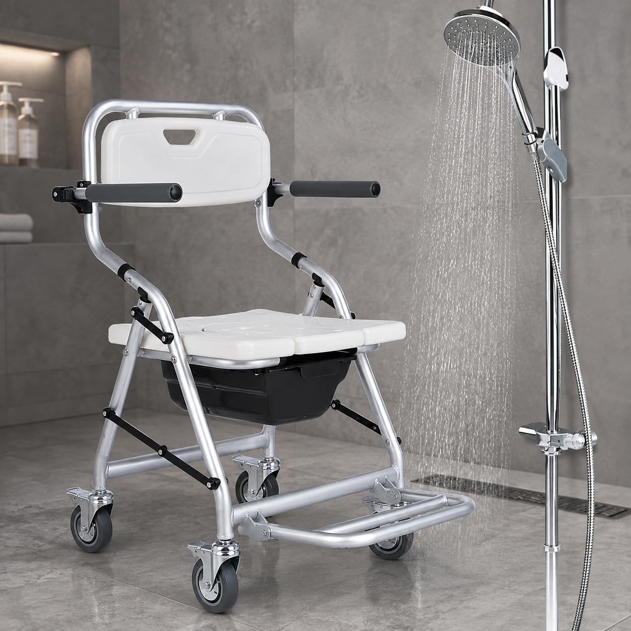 Silla de ducha plegable con ruedas, reposabrazos y reposapiés