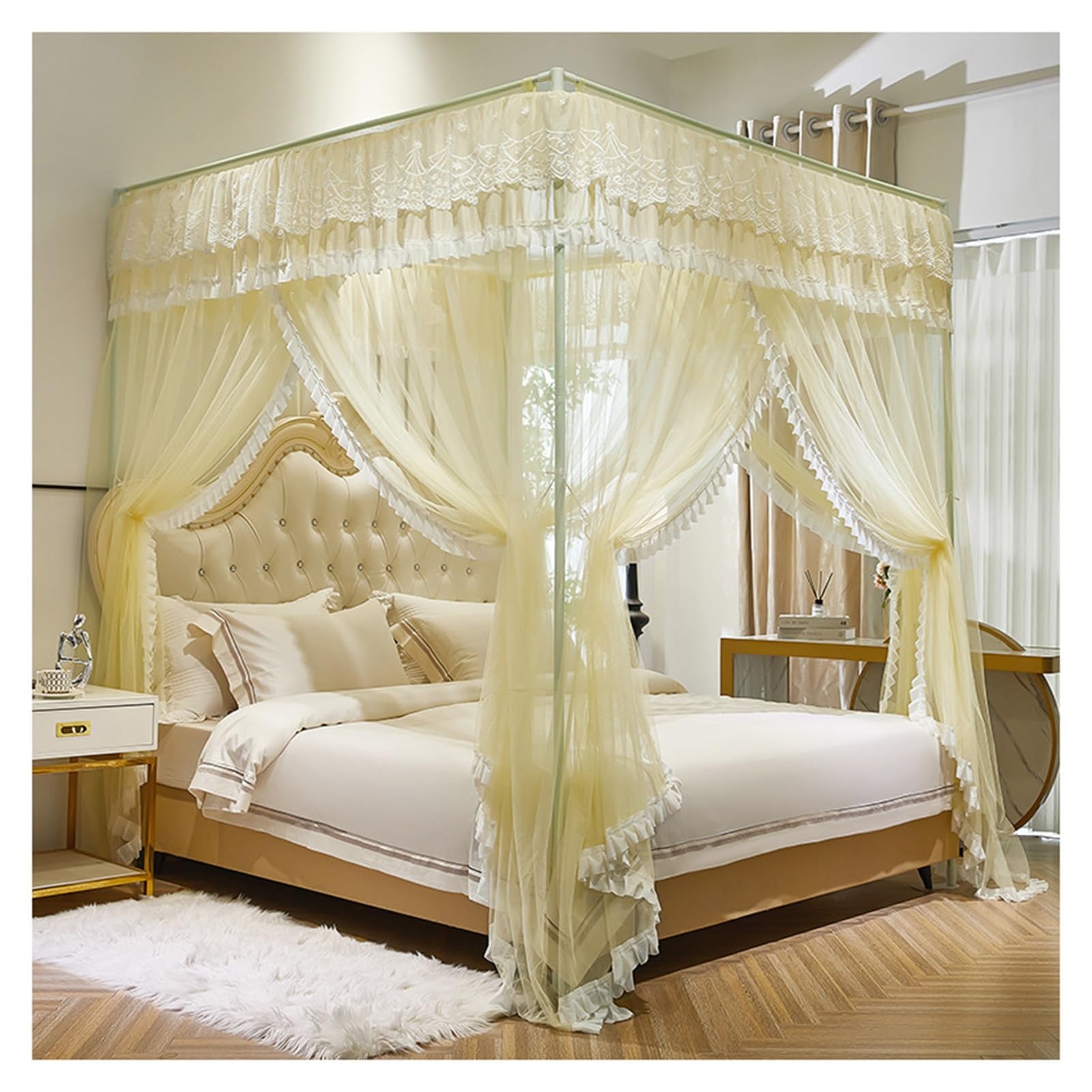 Canopy de cama amarilla y mosquitera de malla con lazos de 78.7 x 59.1 pulgadas para dormitorio