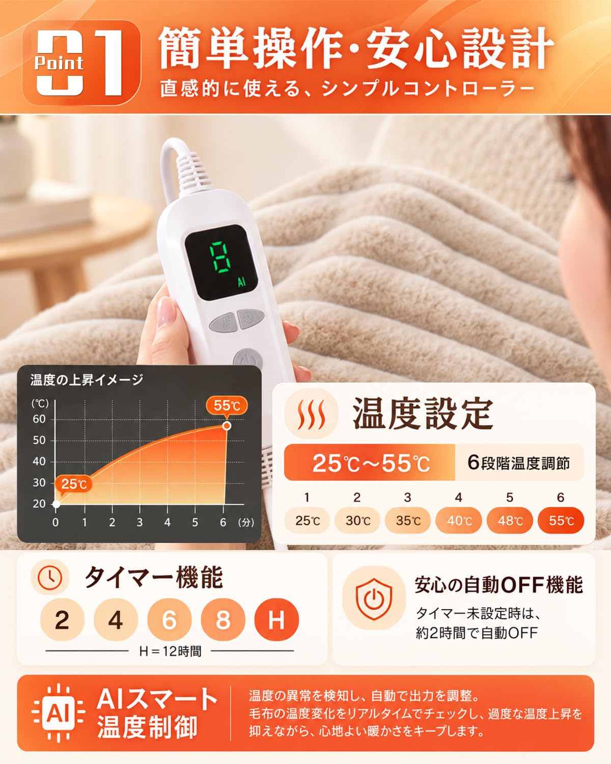 Amazon.co.jp : 電気毛布 【AI自動調整&両面フランネル 】 160×80cm