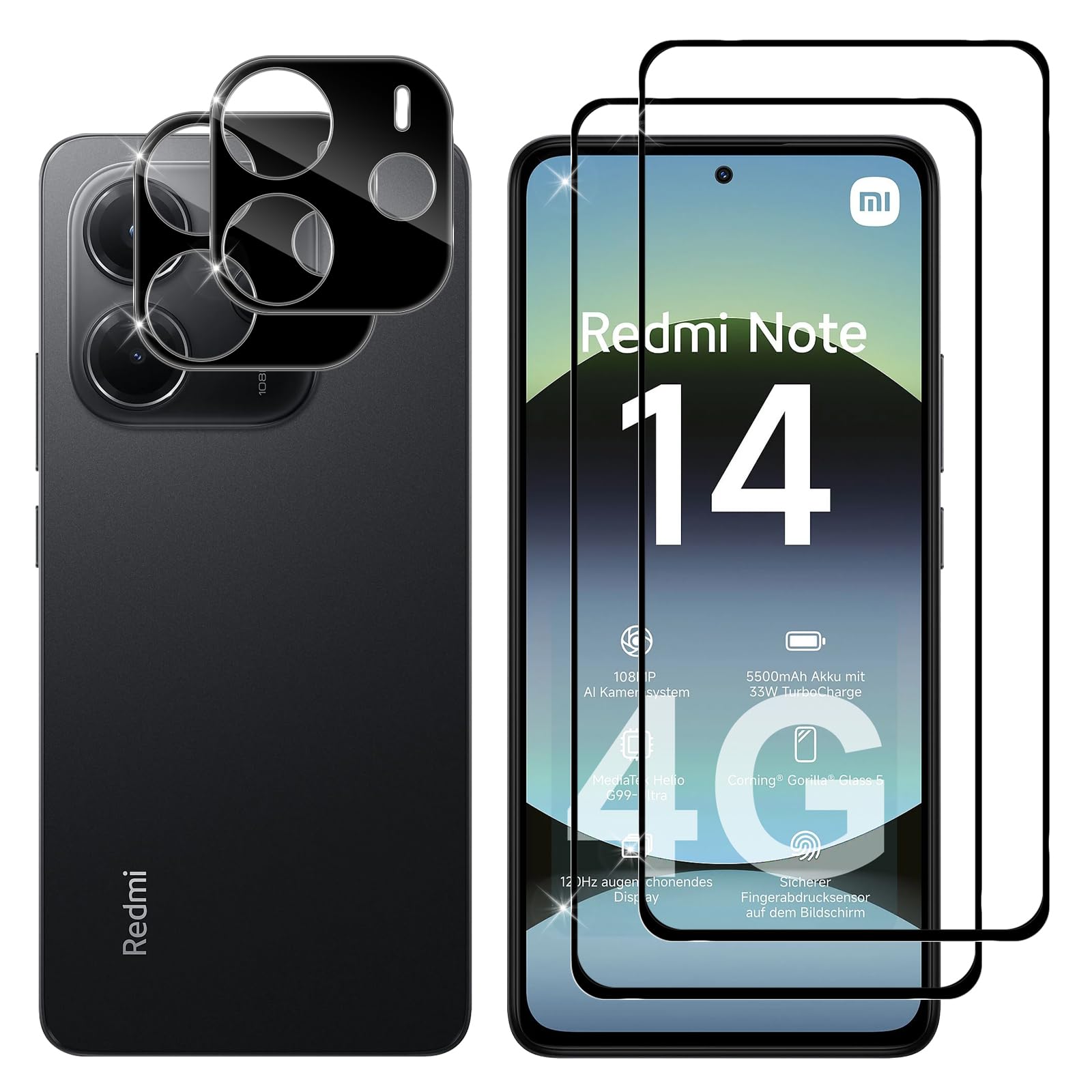 Lutree für Xiaomi Redmi Note 14 4G für Panzerglas mit Kameraschutz, [2 + 2 Stück], Full Screen Anti-Fingerabdruck Displayfolie, 9H Härte HD Schutzfolie, Bläschenfrei Anti-Kratzer Folie
