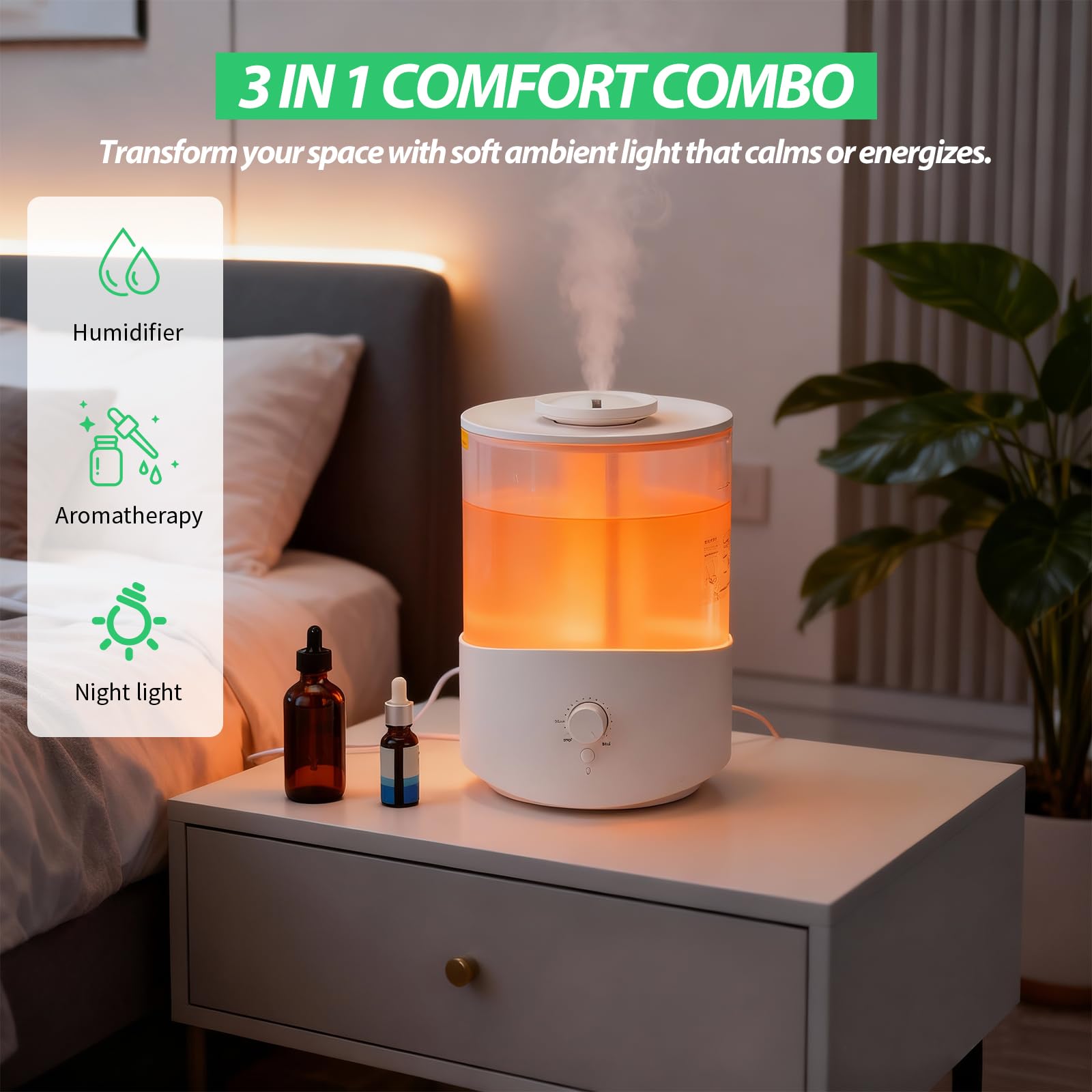 Cozary Humidificateur d'Air Chambre 2.5L Top-Fill, 28H Diffuseur d’Huiles Essentielles, Arrêt Automatique, 23 dB Silencieux, 7 Color Light, Buse à 360°, pour Chambre à Coucher,Chambre Bebe,Plantes