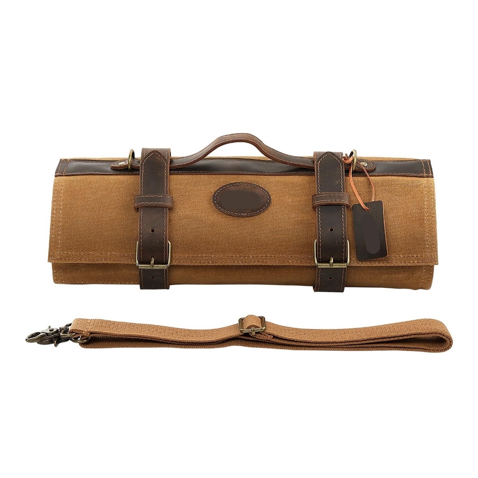 Bolsa enrollable for cuchillos de chef de cuero y lona encerada al óleo | Organizador multicolor del almacenamiento del cuchillo del cuero de la lona de la cera del aceite for la cocina(Brown)
