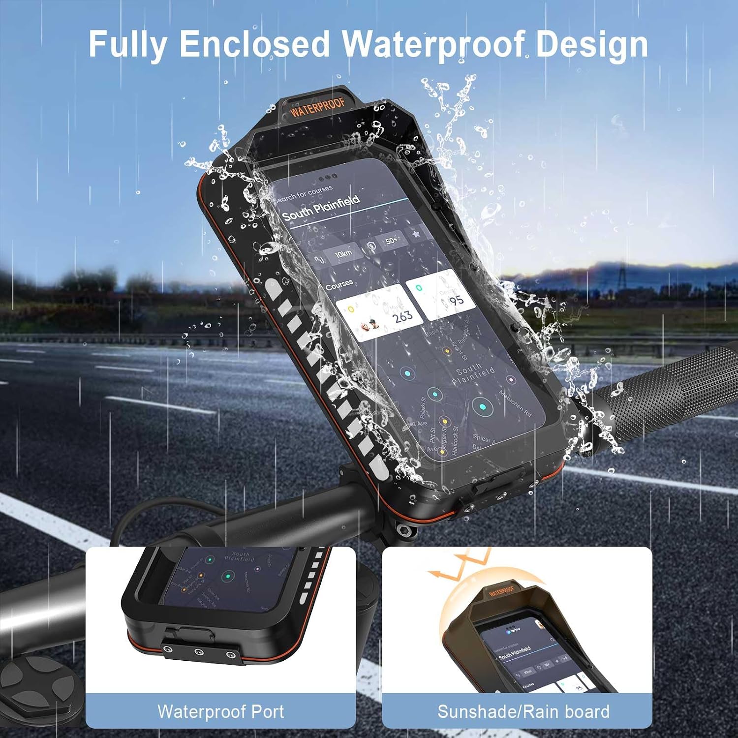 Bike Phone Holder, Water Resistant Motorcycle Phone Mount with Sun-Visor Rain Cover Sensitive Touch Screen Bicycle Accessories Handlebar Cellphone Mount with 360 Rotation for Phones under 7''