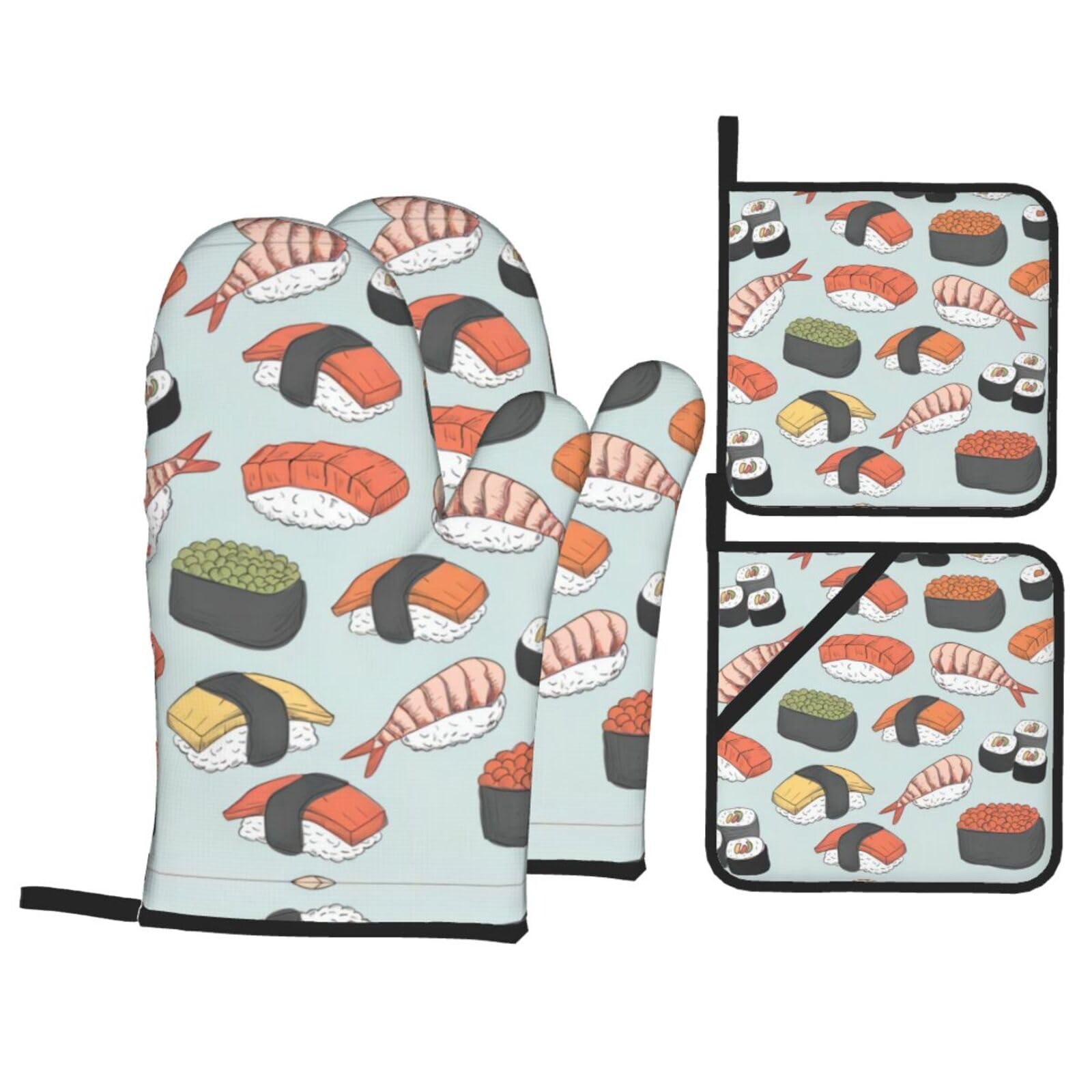 WHJSHOP Sushi Prints Kitchen Baking Throw Set with Heat Resistance, Waterproof Oven Mitts & Pot Holders for Cooking, Grilling & Handling Hot Dishes