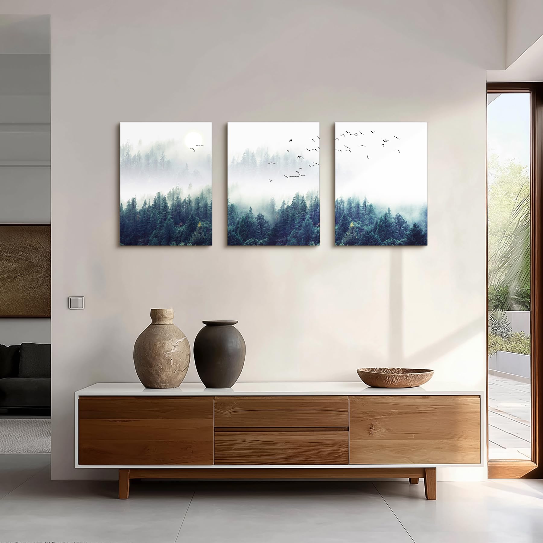 Quadri Moderni Per Soggiorno - Set Di 3 Stampe Astratte Su Tela, Stile Morandi Blu - Foto 3